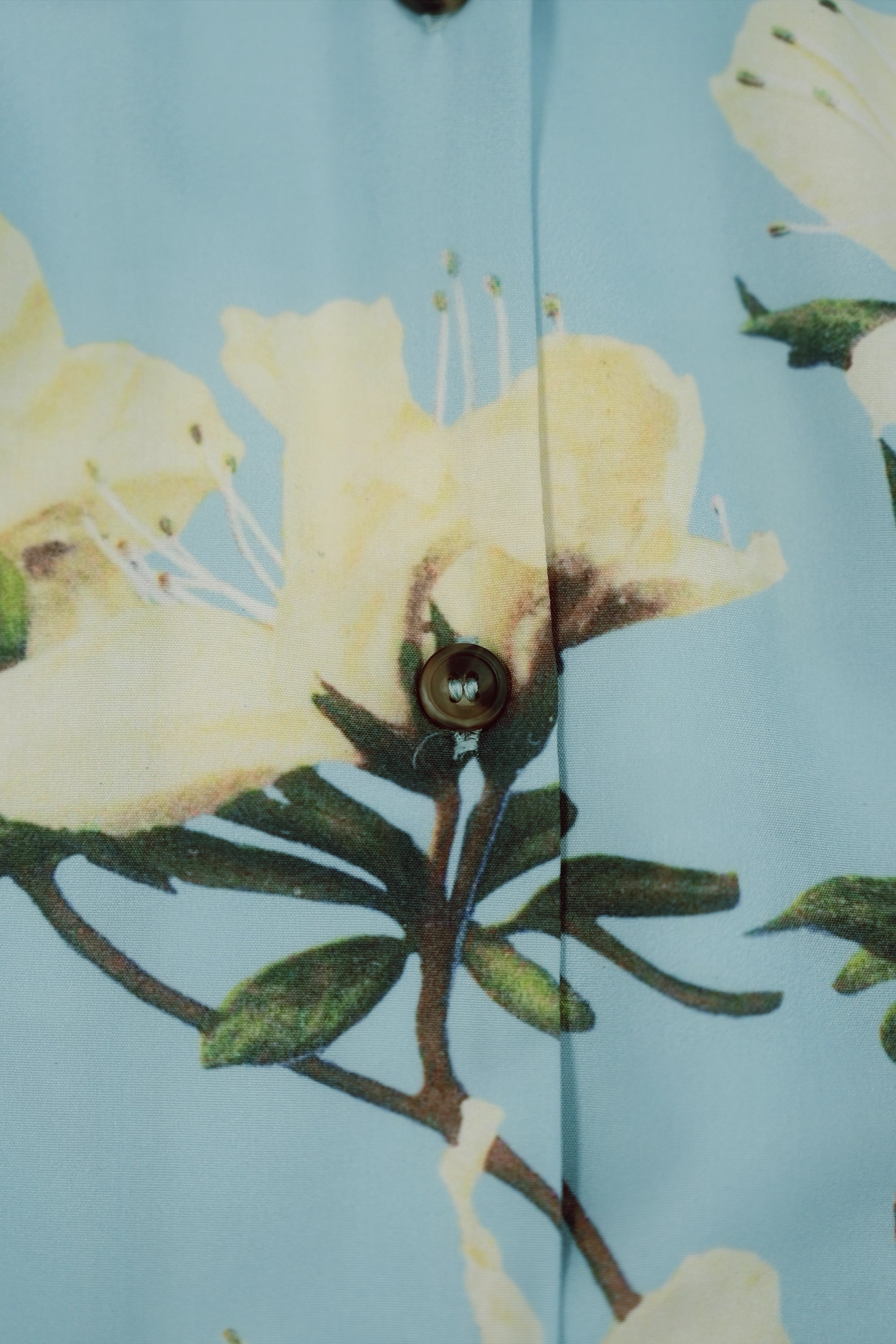 Close-up of floral placement print on light blue fabric with button detail on micro Chinese collar top