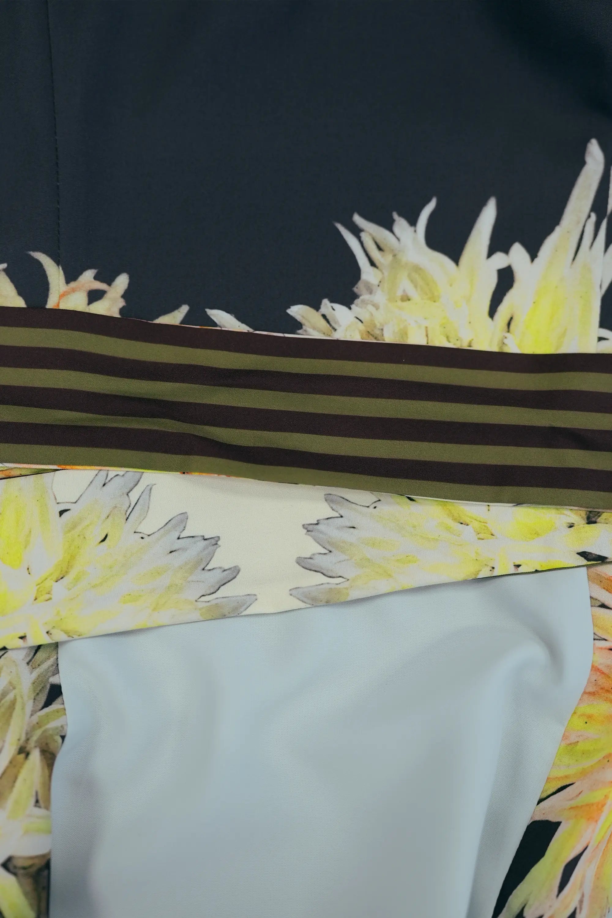 ABIDE contrast panel dress striped sash belt and floral placement print detail in navy and light blue (close-up)