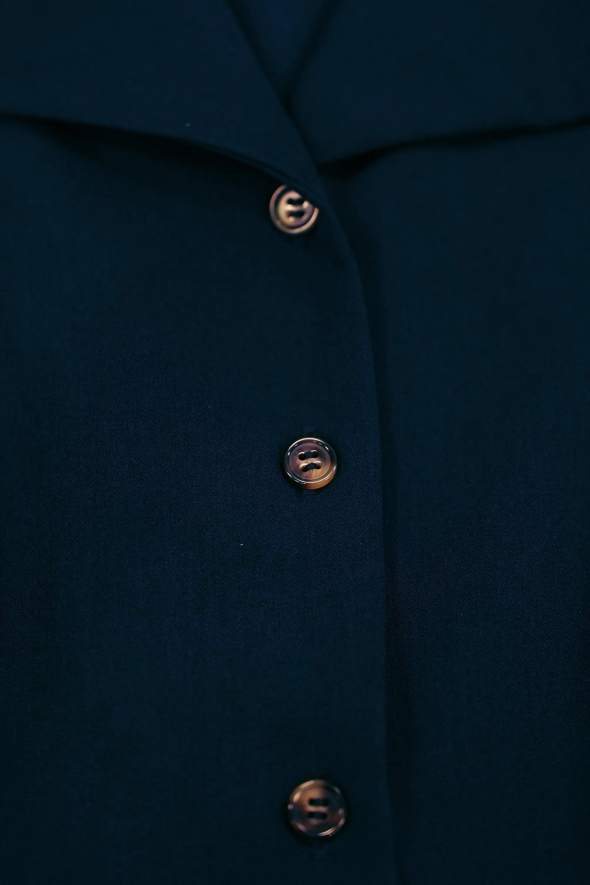 Close-up of navy mini dress showing button-down front with tonal buttons and smooth fabric finish