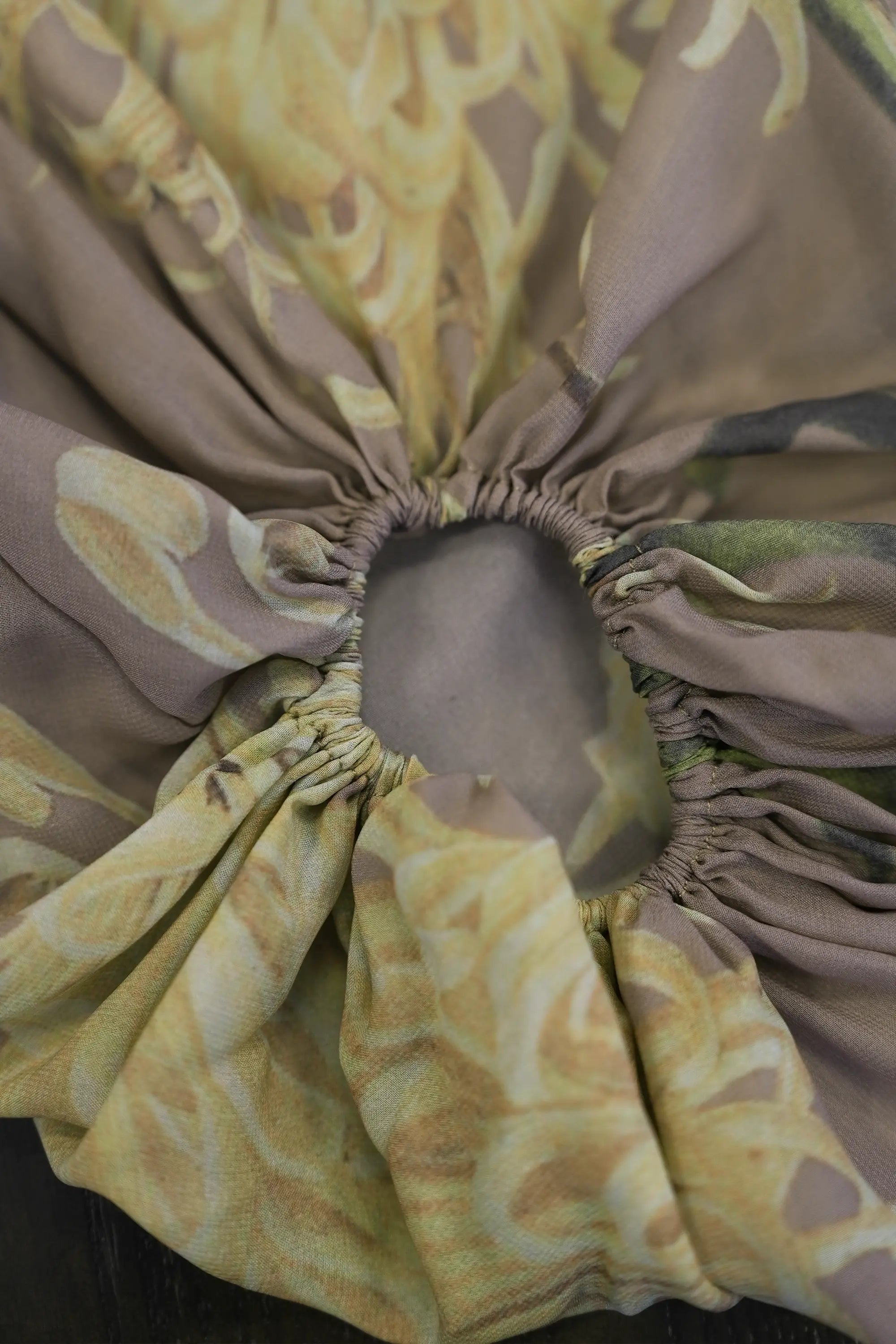 ABIDE floral blouse elastic ruching and soft fabric detail (close-up)