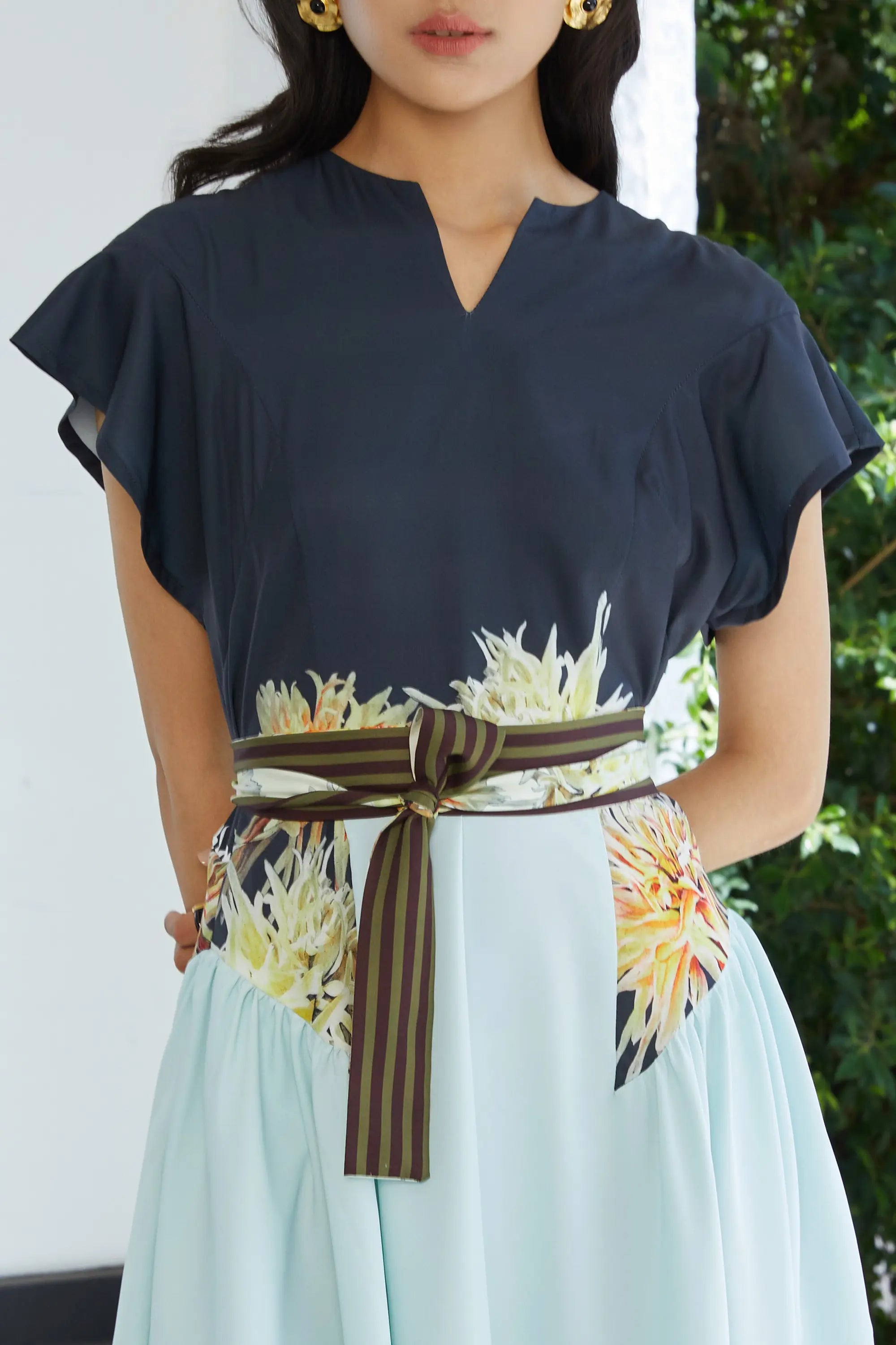 ABIDE contrast panel dress sash belt and placement print detail in navy and light blue (close-up)