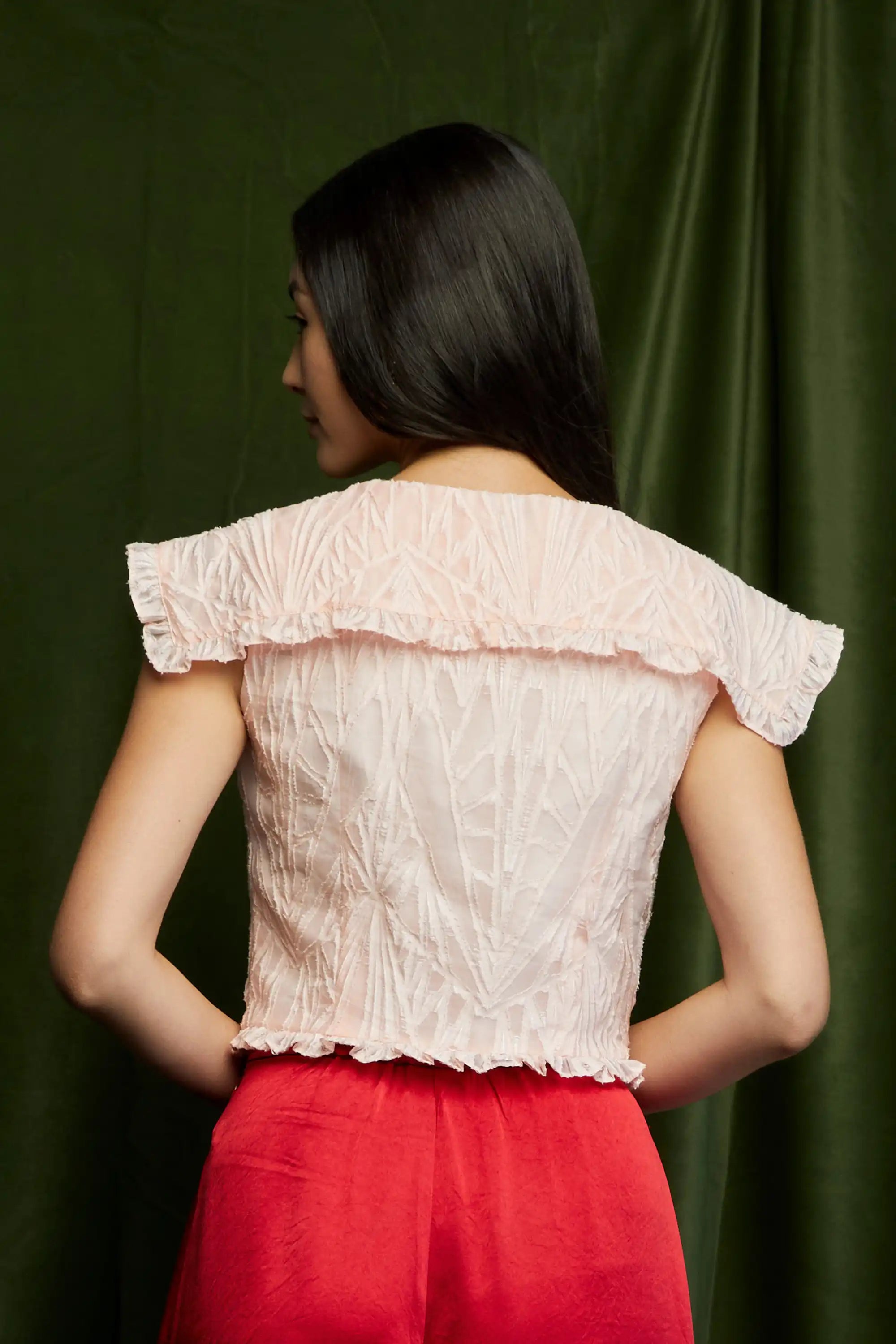 Sailor Collar Cropped Top (Pink Jacquard)