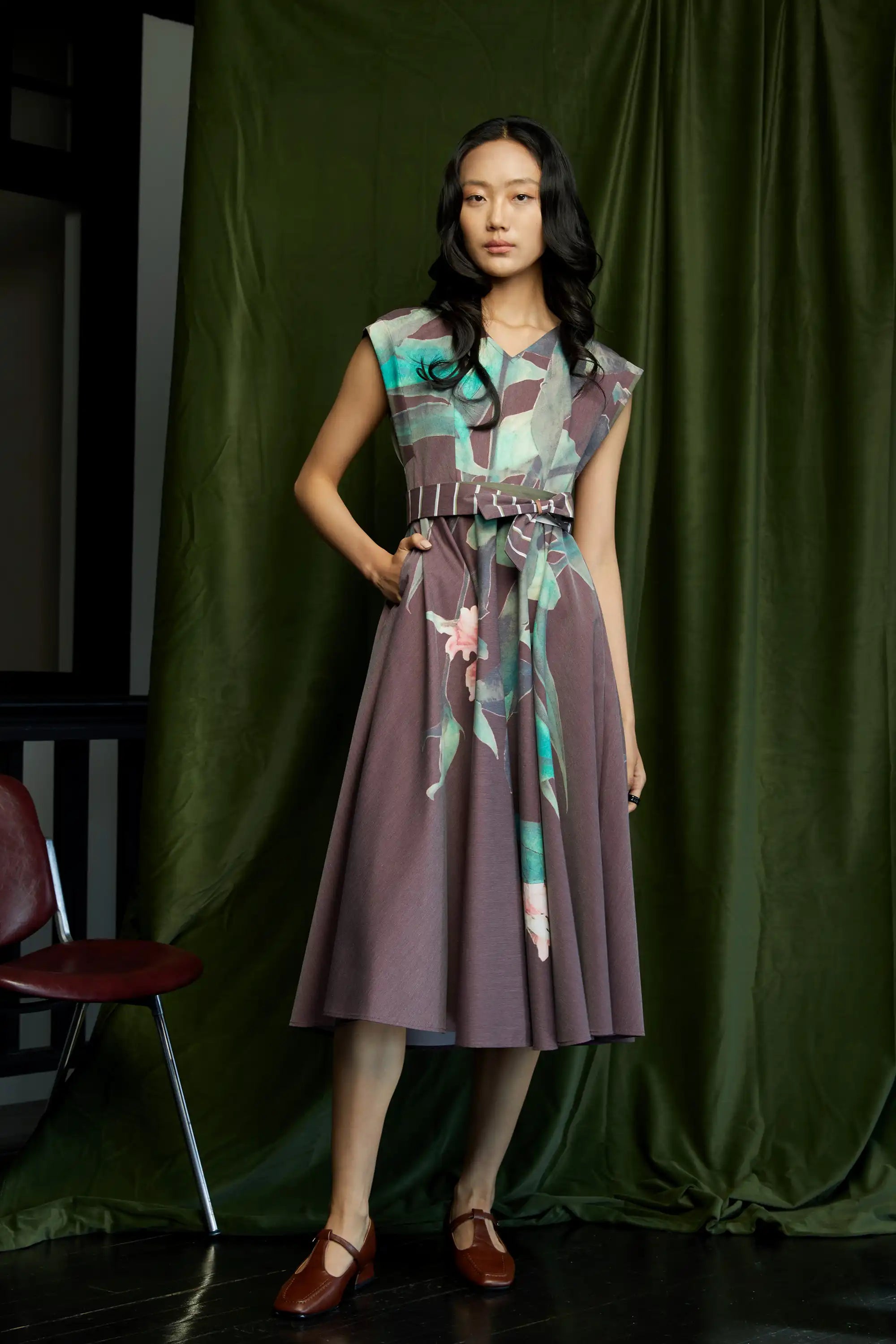 Square Sleeves Fit & Flare Dress (Peony)