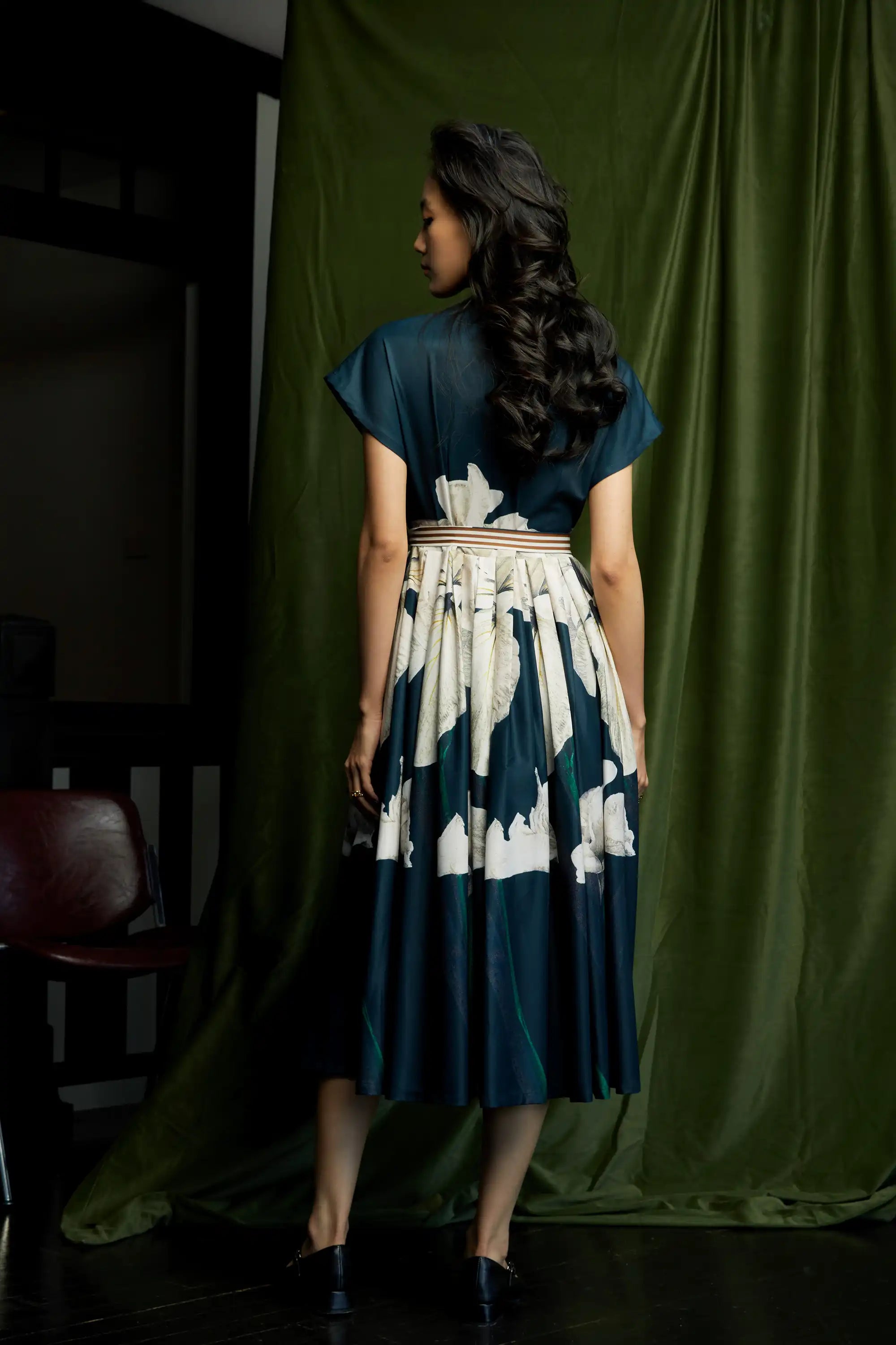 Stand Collar Dual Box Pleat Dress (Iris)