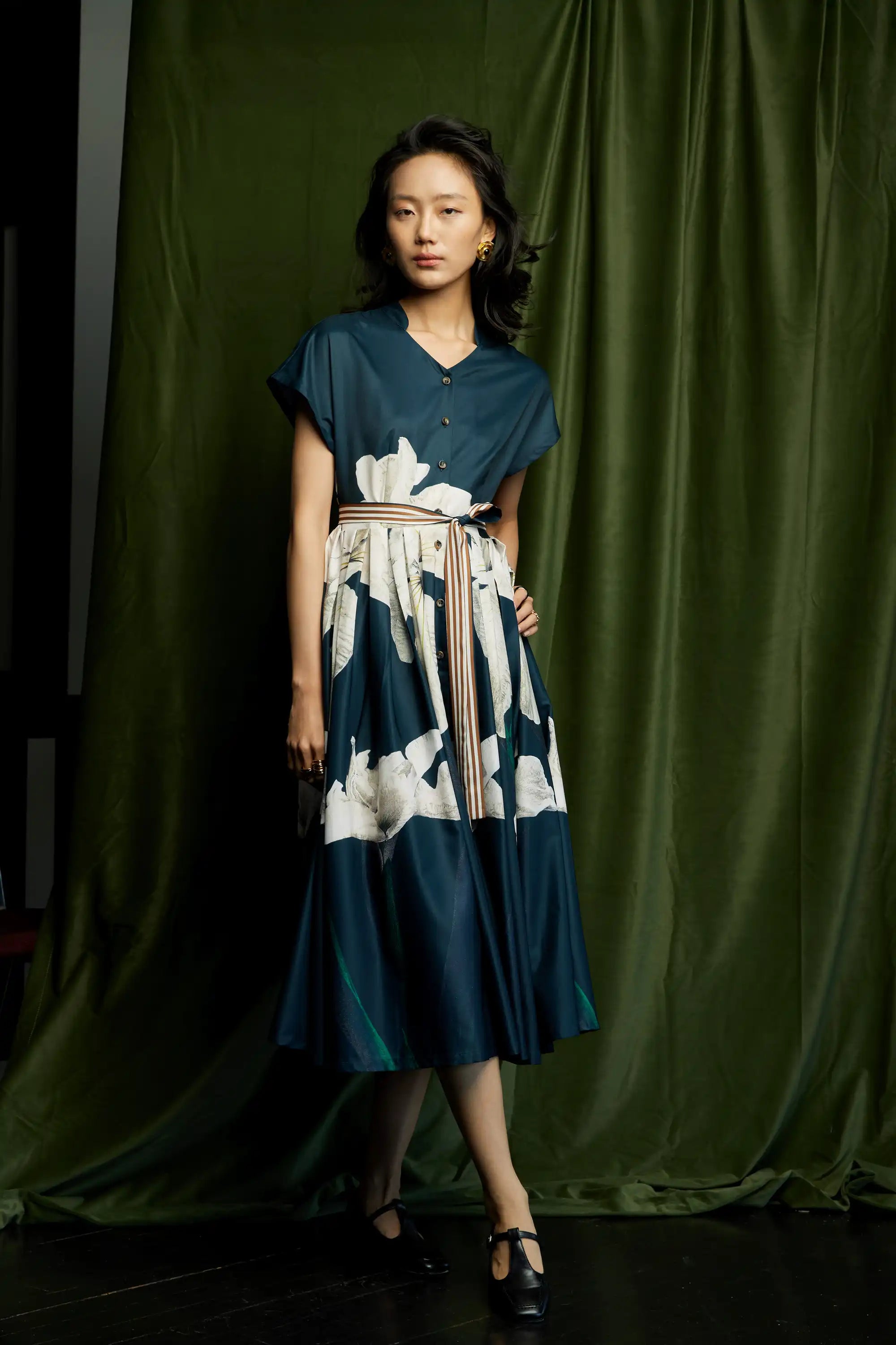 Stand Collar Dual Box Pleat Dress (Iris)