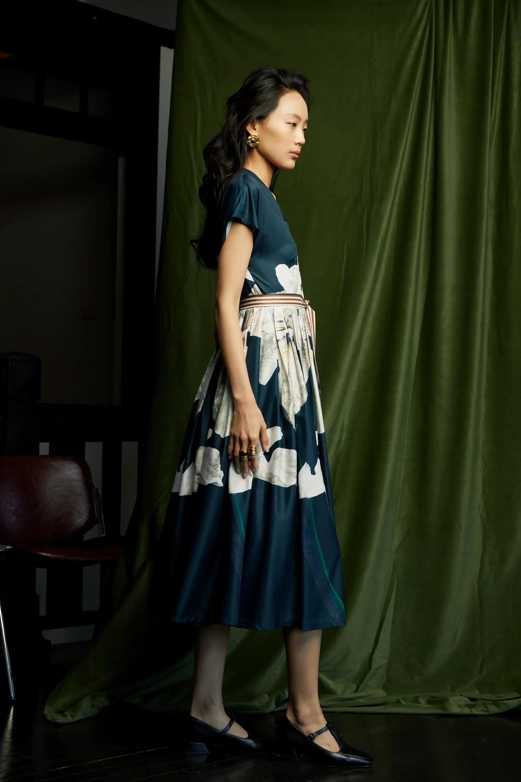 Stand Collar Dual Box Pleat Dress (Iris)