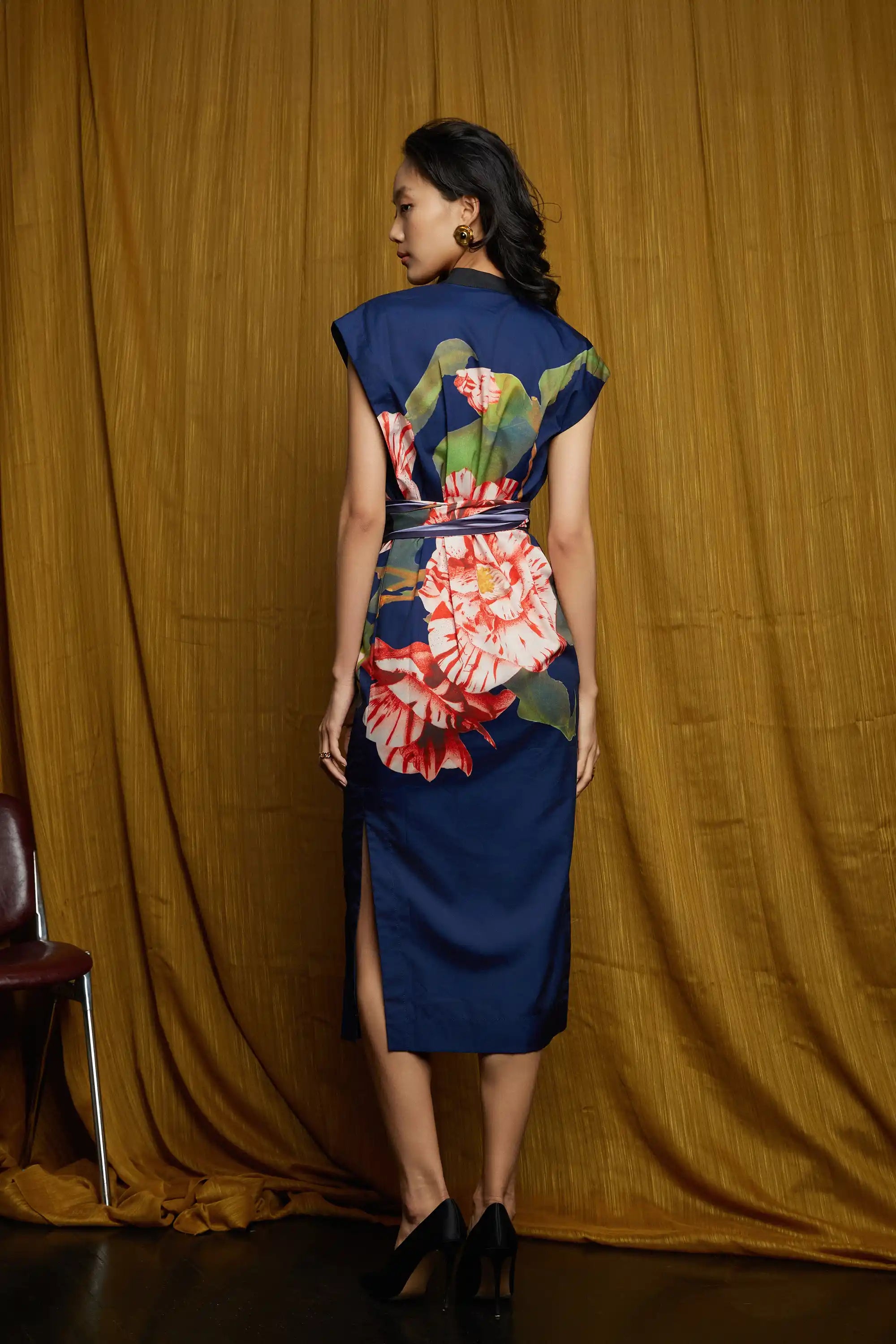 Stand Collar Pencil Dress (Striped Camellia)