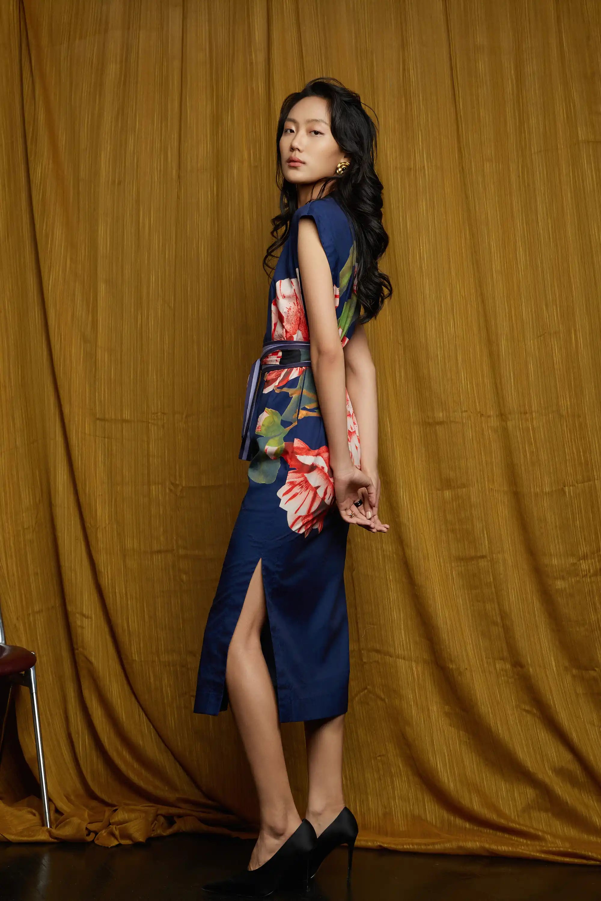 Stand Collar Pencil Dress (Striped Camellia)