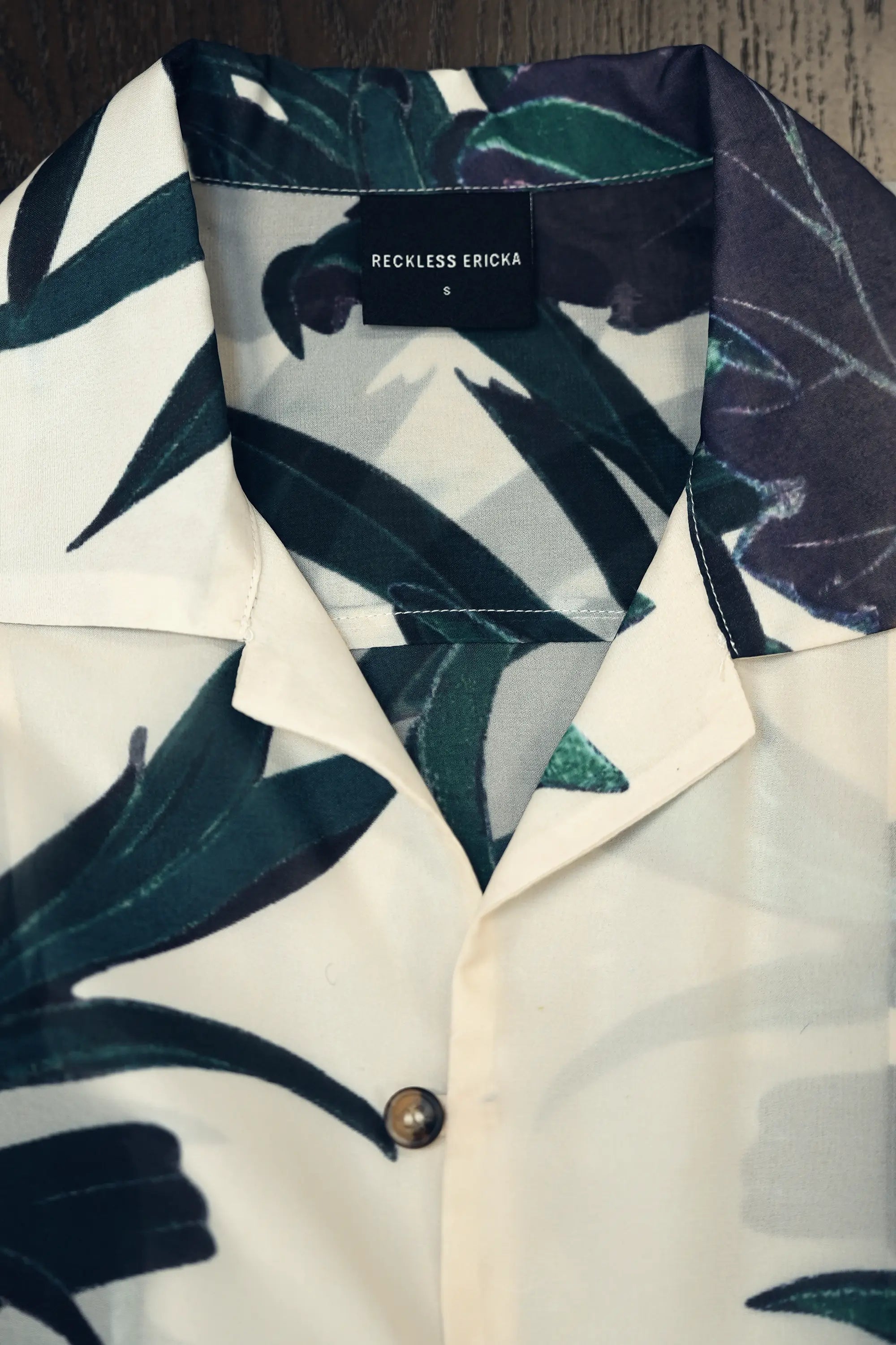 Close-up of camp collar on Arrayed Chrysanthemum Cuban shirt