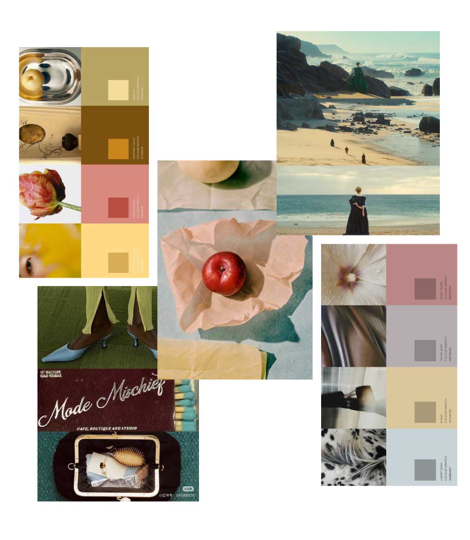 Reckless Ericka Arrayed mood board collage with earthy and pastel colour swatches, a coastal beach scene, a red apple still life, florals, and vintage-style graphics