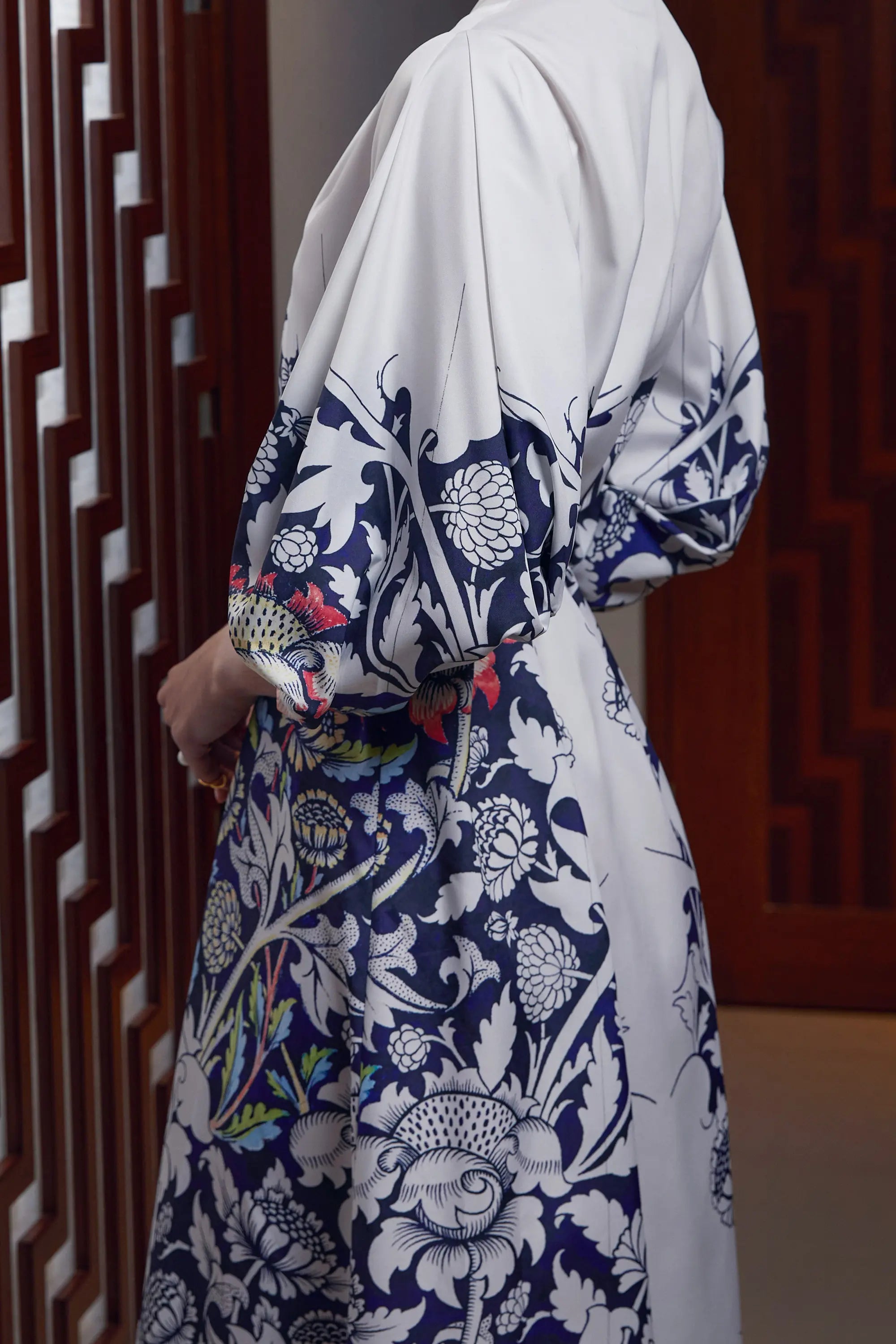 Arrayed Peony print wrap dress with self-tie sash detail