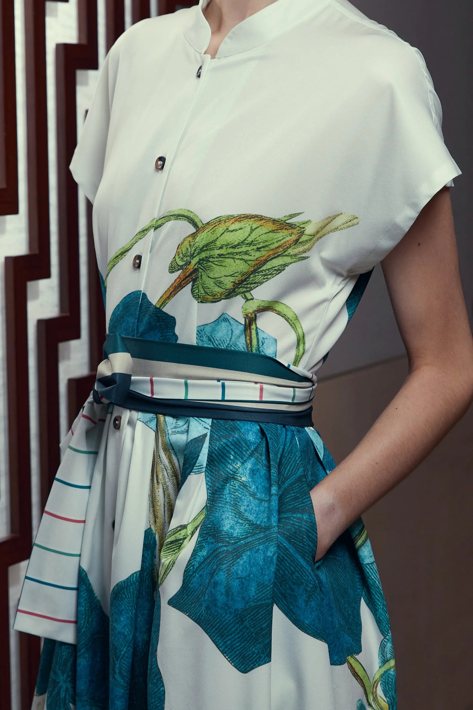 Arrayed Bindweed floral print detail on ivory fit-and-flare dress