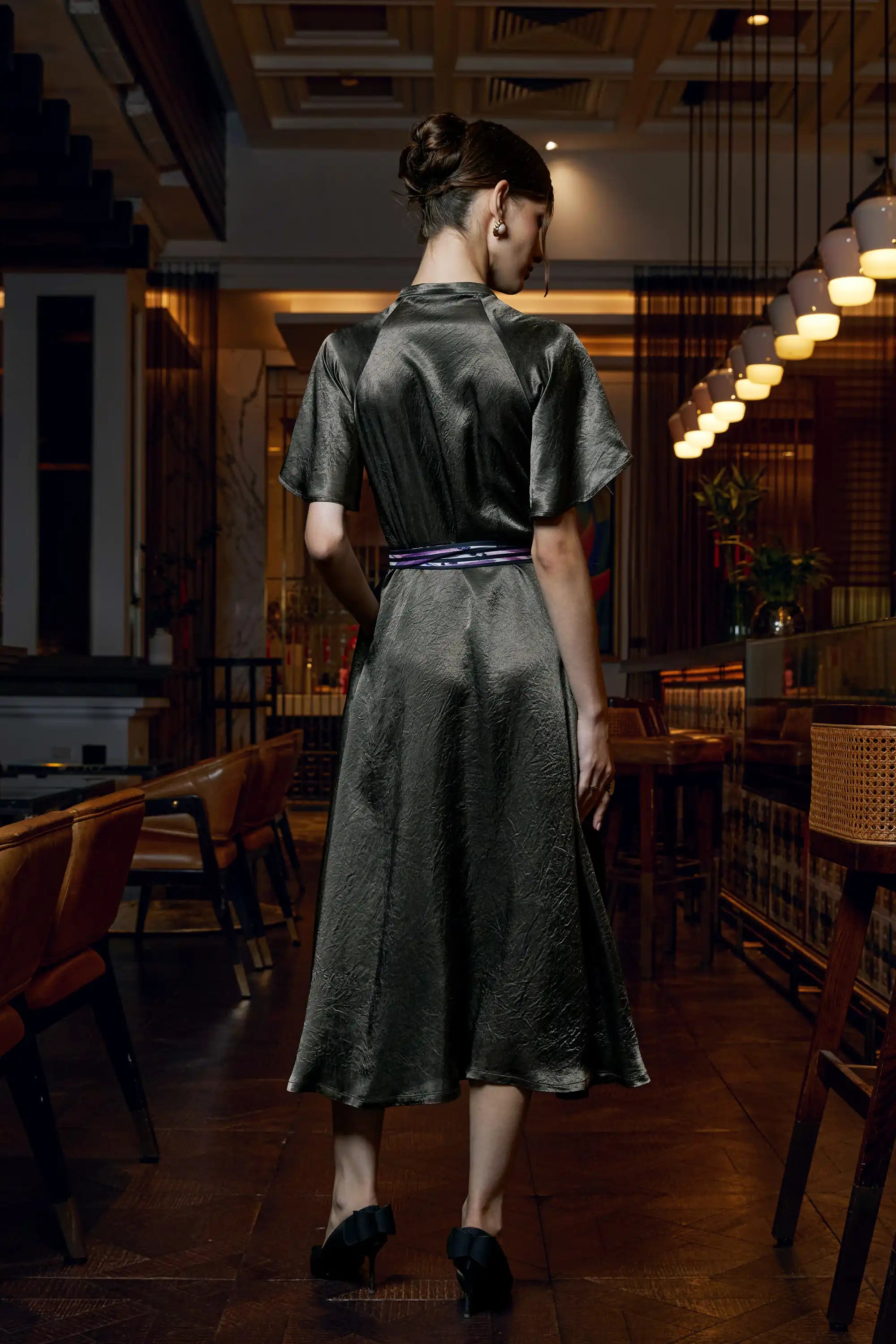 Flutter Sleeves Keyhole Dress (Olive)