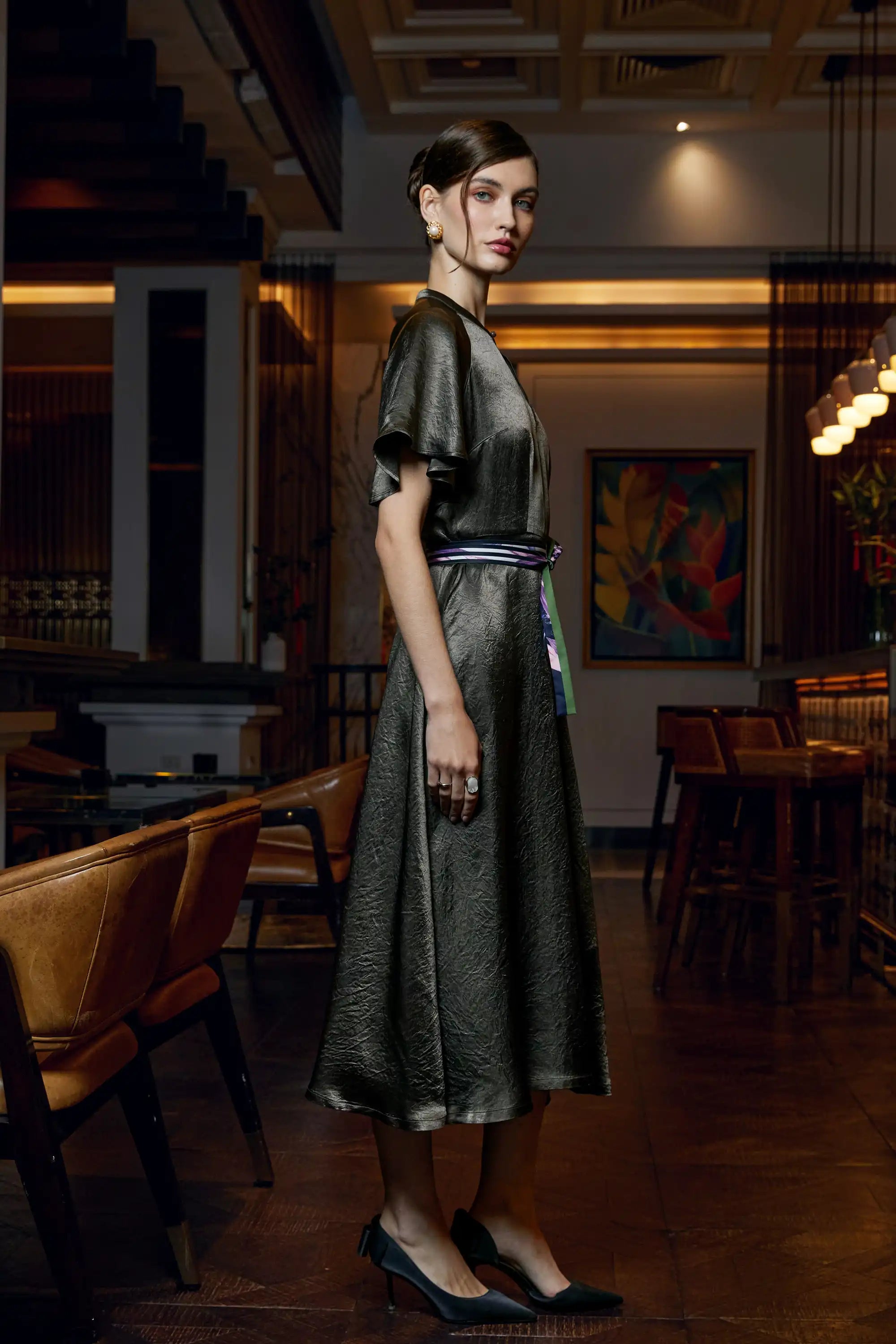 Flutter Sleeves Keyhole Dress (Olive)