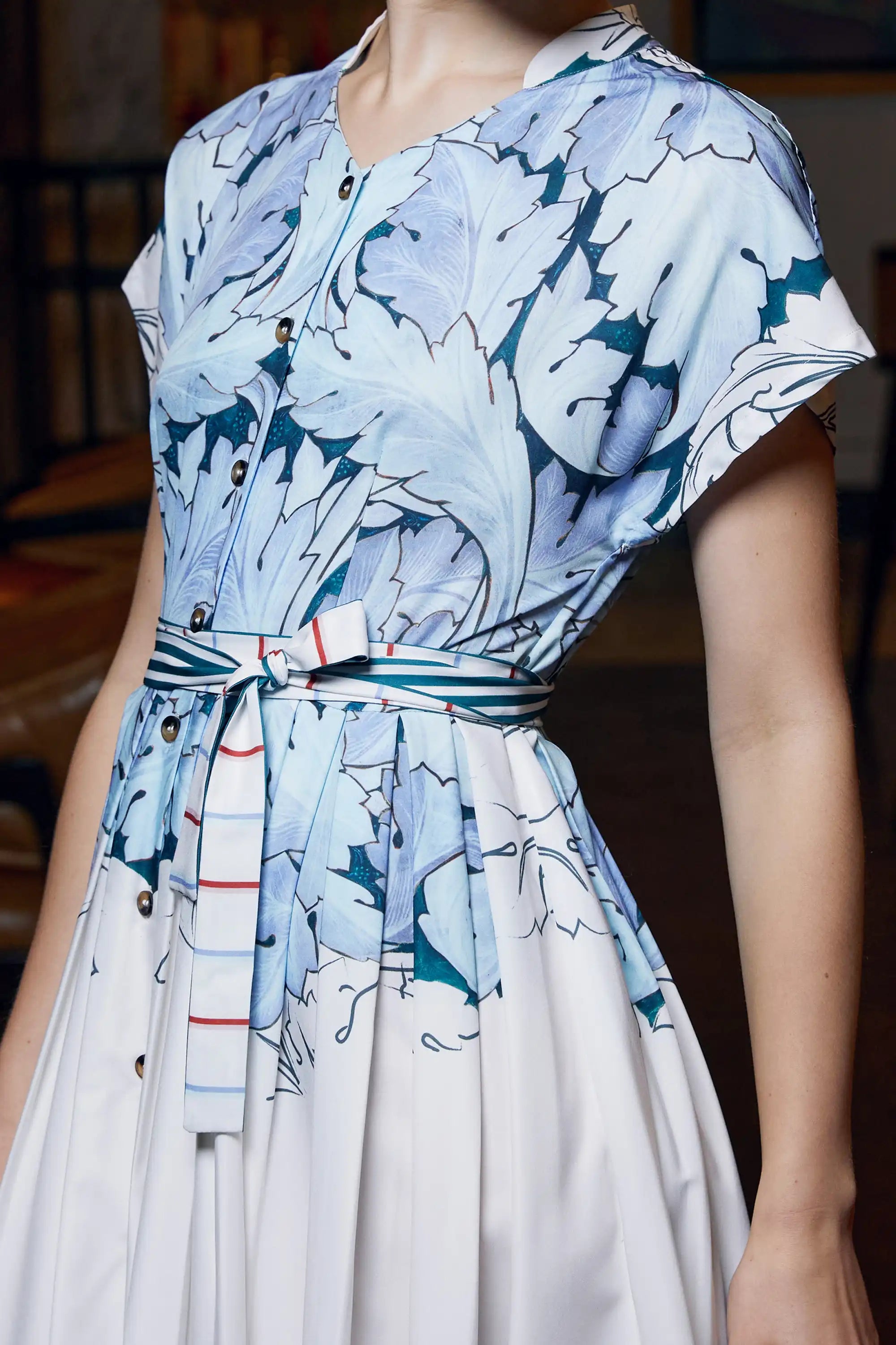 Stand Collar Dual Pleat Dress (Acanthus)
