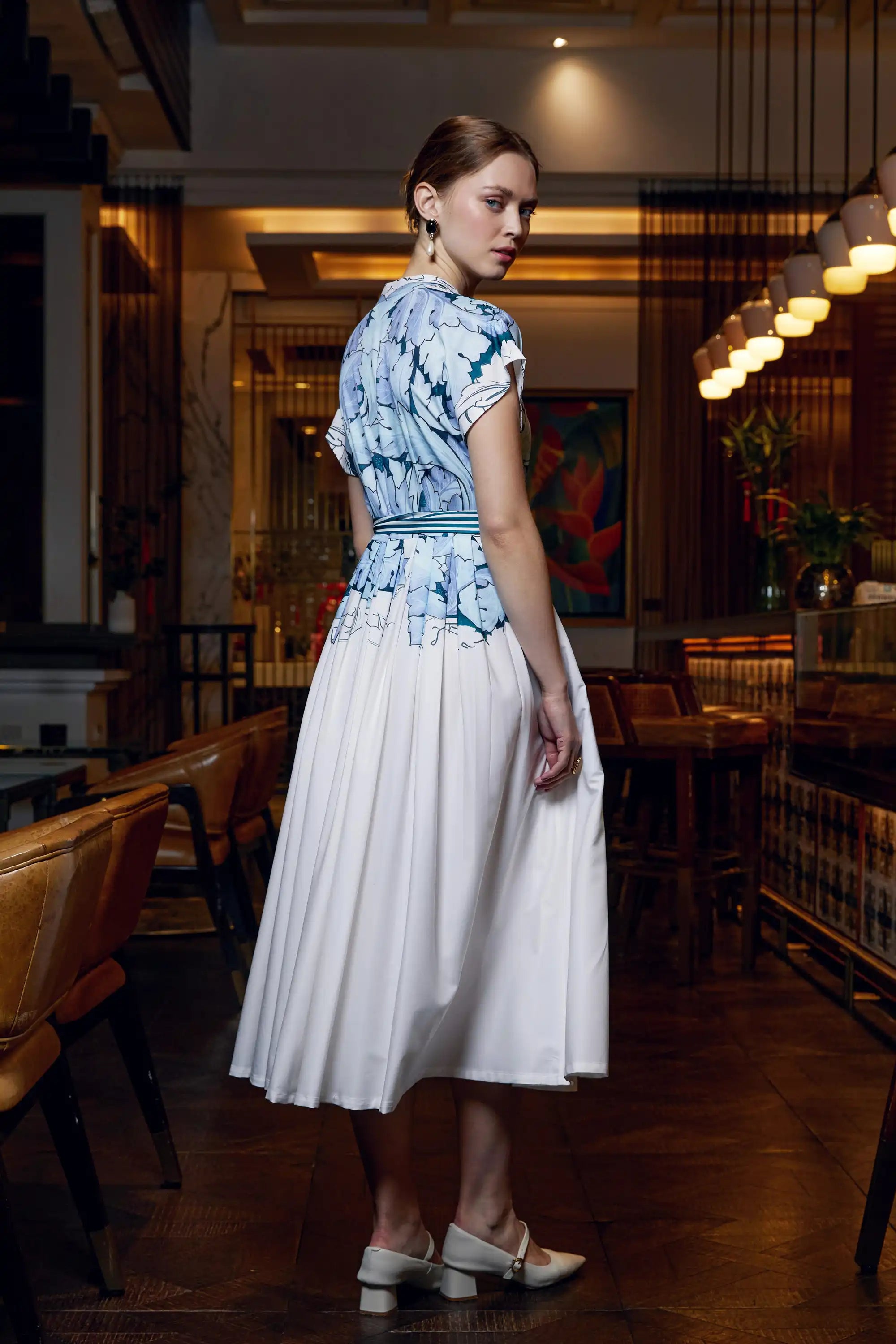Stand Collar Dual Pleat Dress (Acanthus)