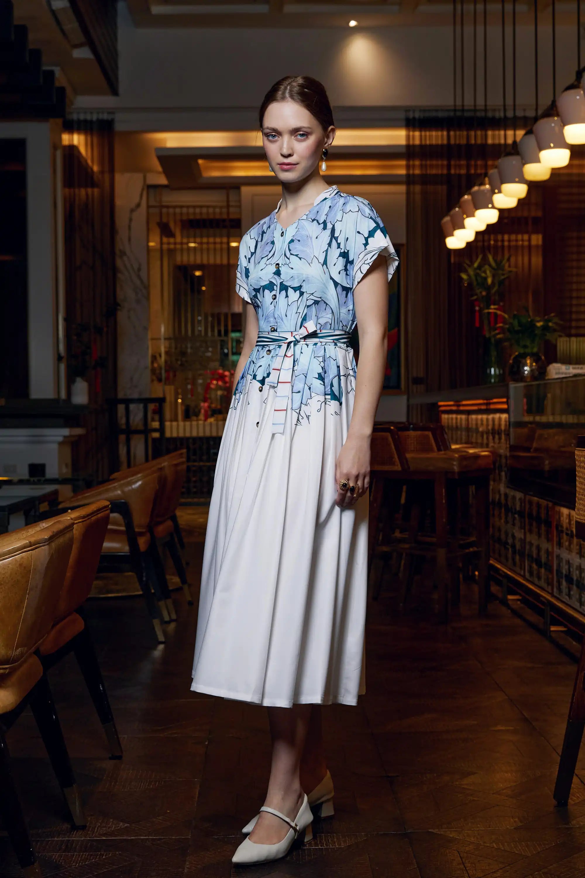 Stand Collar Dual Pleat Dress (Acanthus)