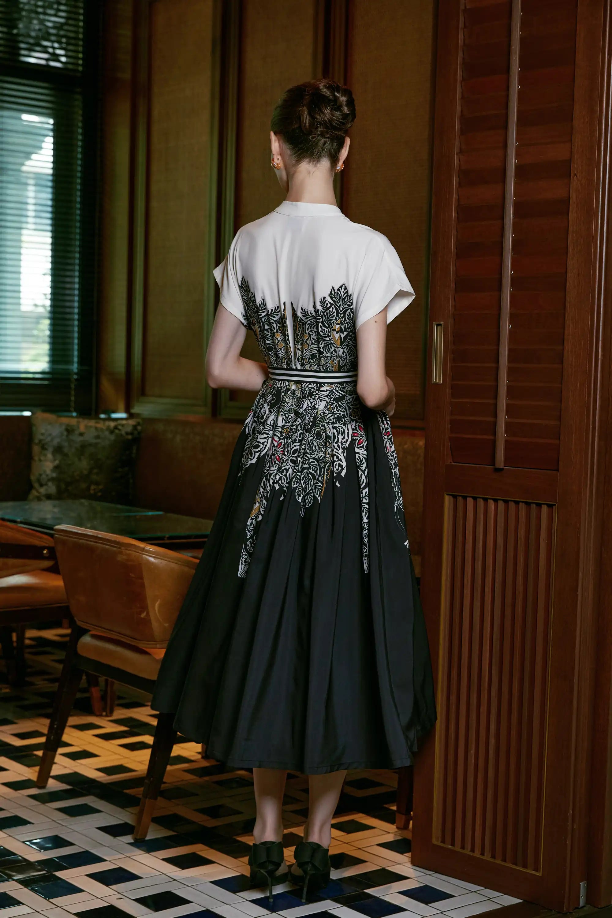 Stand Collar Dual Pleat Dress (Dove)