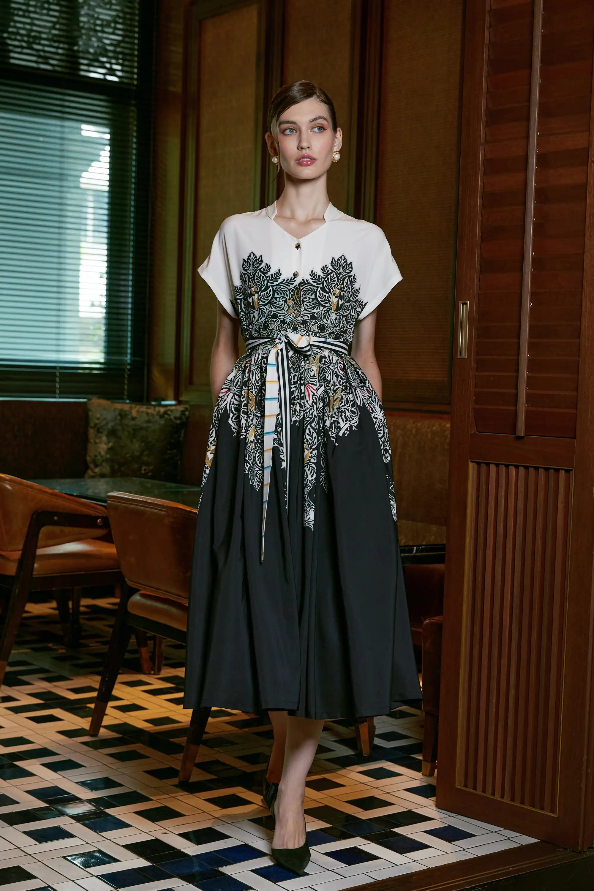 Stand Collar Dual Pleat Dress (Dove)