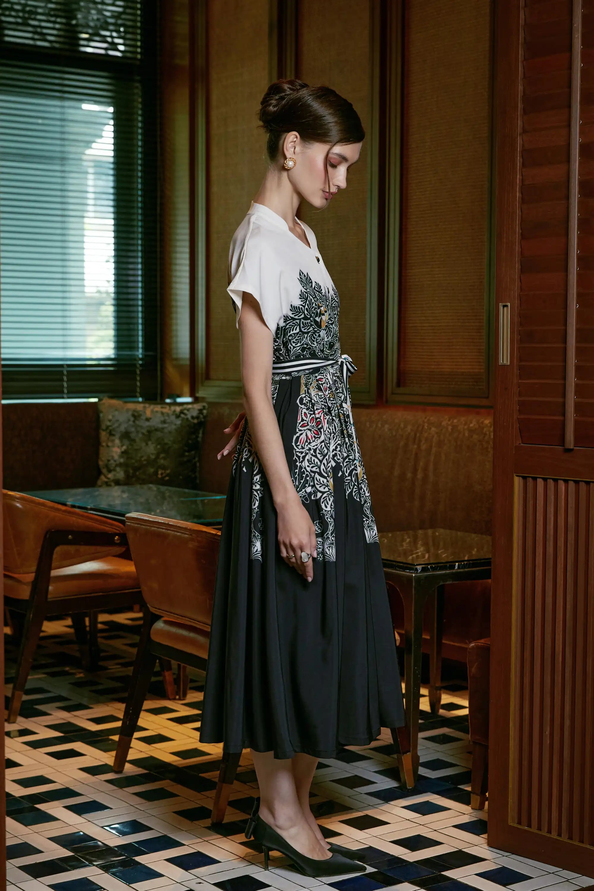 Stand Collar Dual Pleat Dress (Dove)