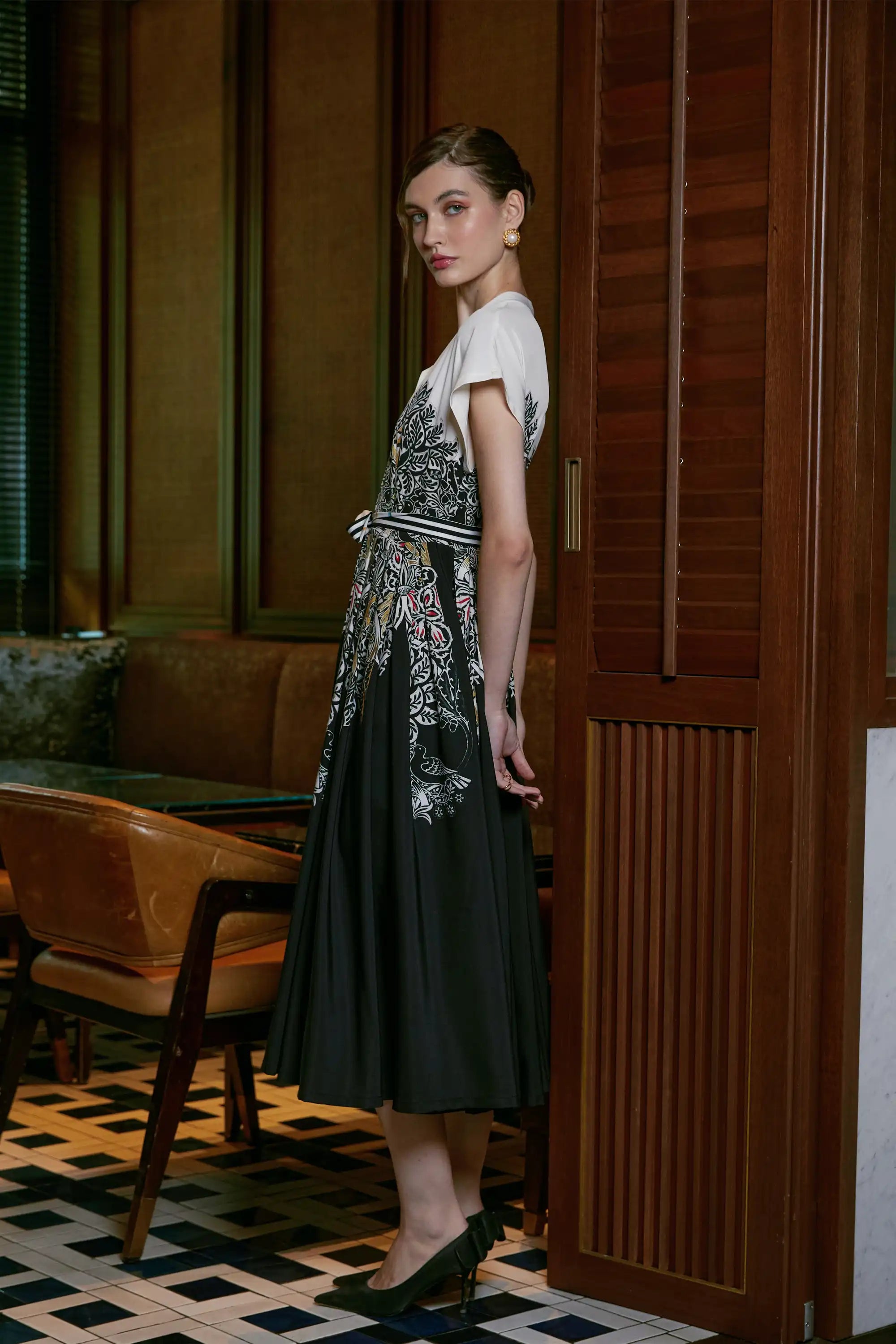 Stand Collar Dual Pleat Dress (Dove)