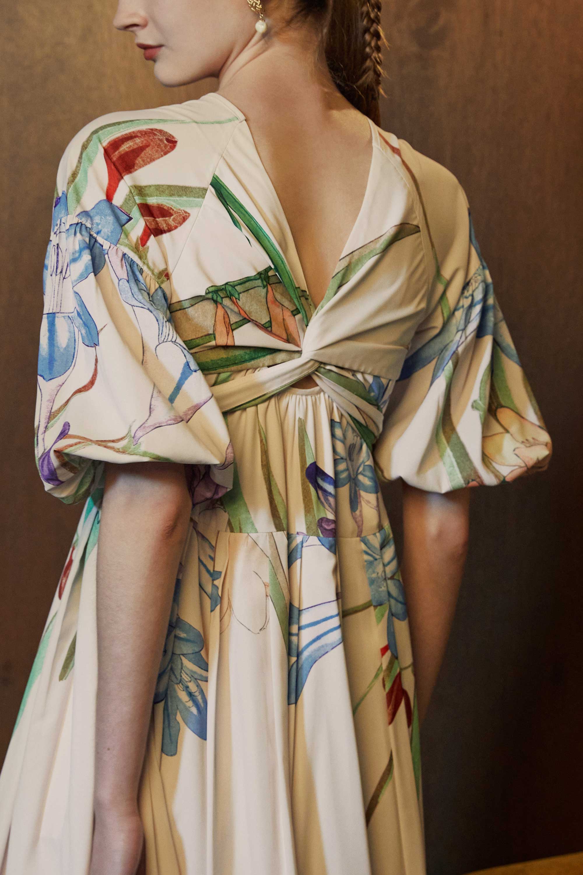 Back-to-Front Parachute Sleeves Midi Dress (Freesia)