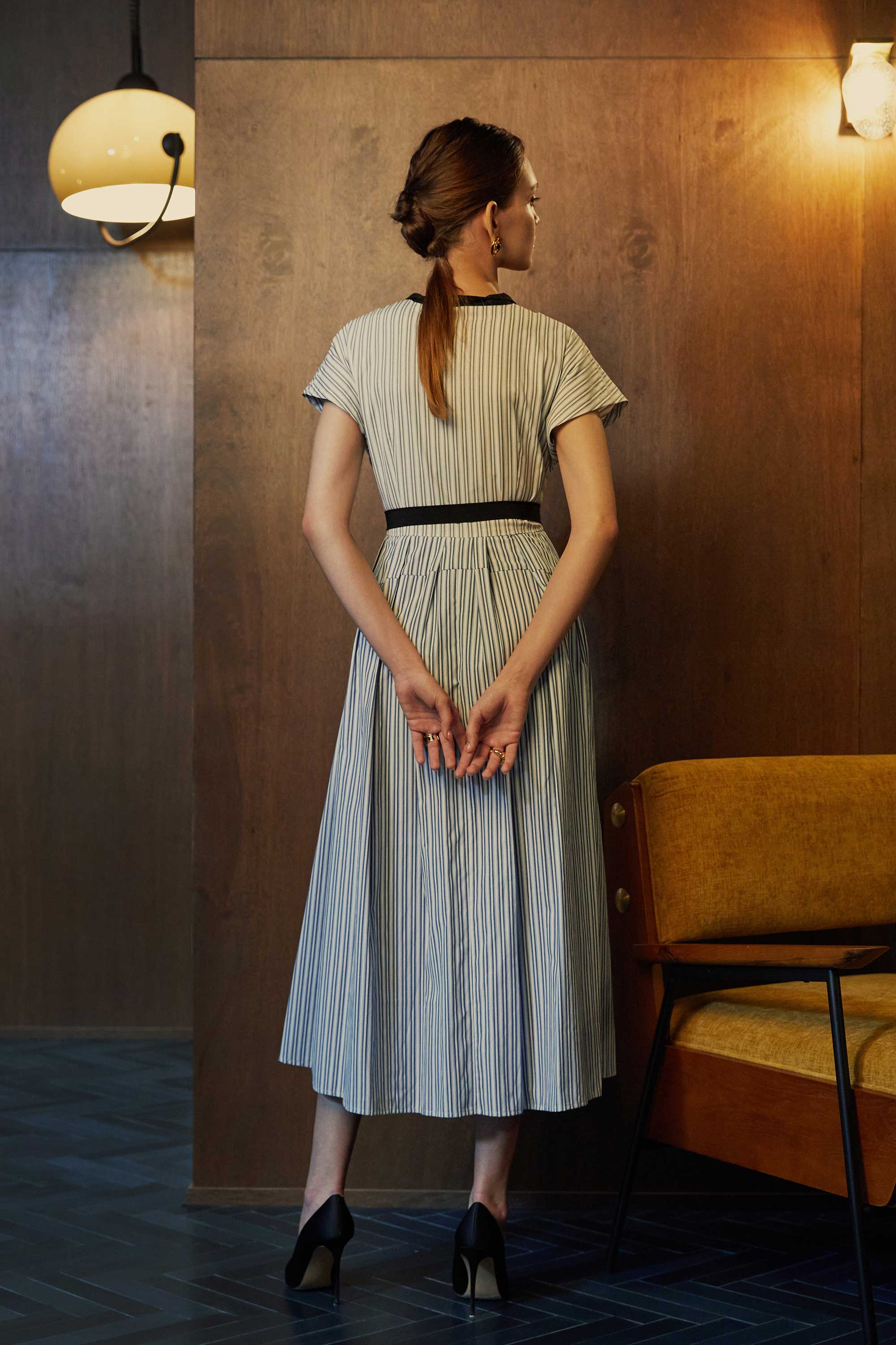 Chinese Collar Fit & Flare Maxi Dress (Grey Blue Stripes)