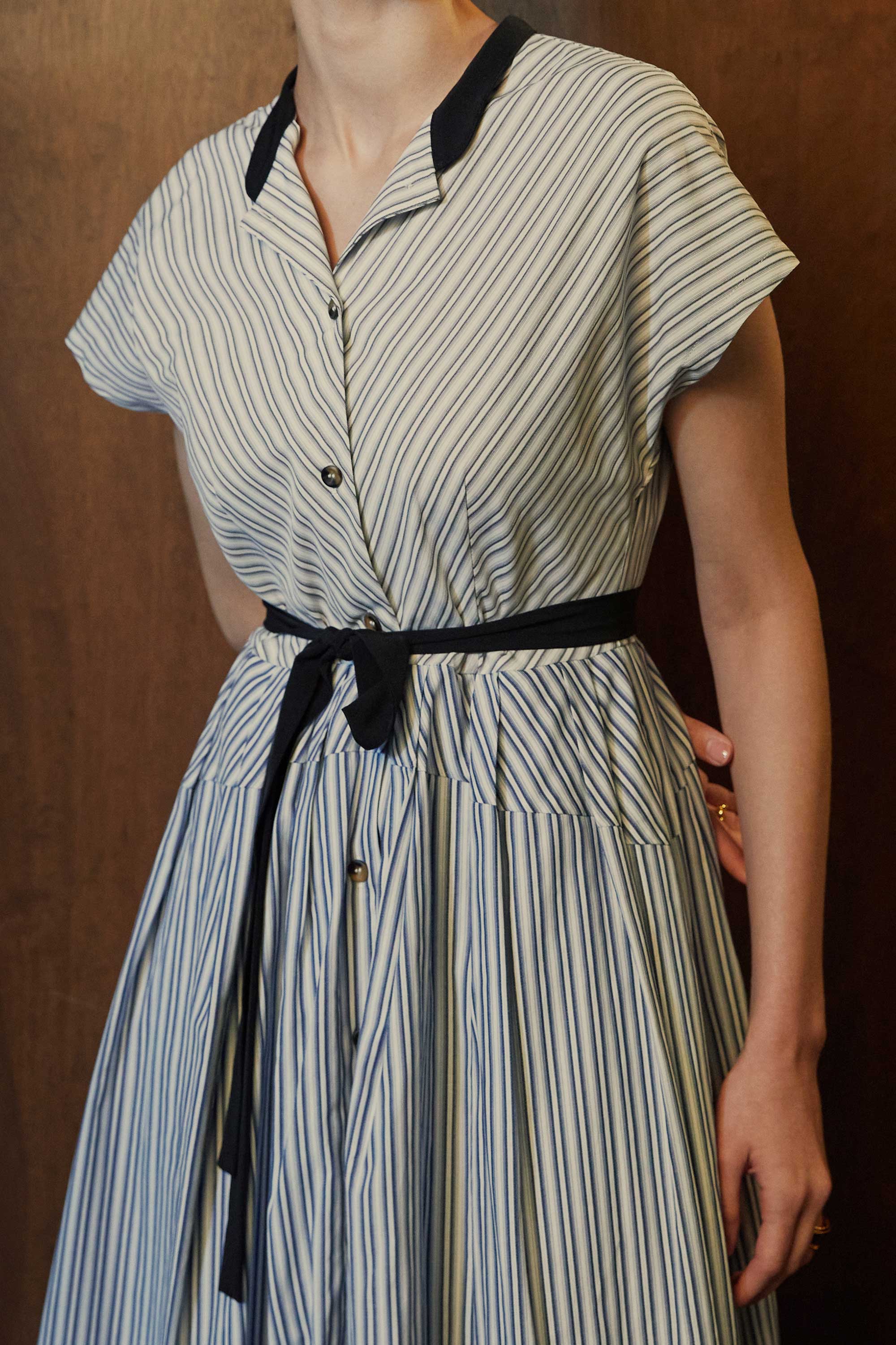 Chinese Collar Fit & Flare Maxi Dress (Grey Blue Stripes)