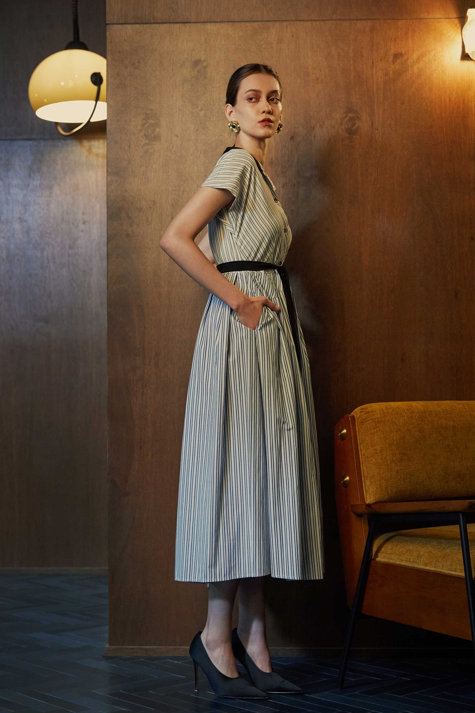 Chinese Collar Fit & Flare Maxi Dress (Grey Blue Stripes)