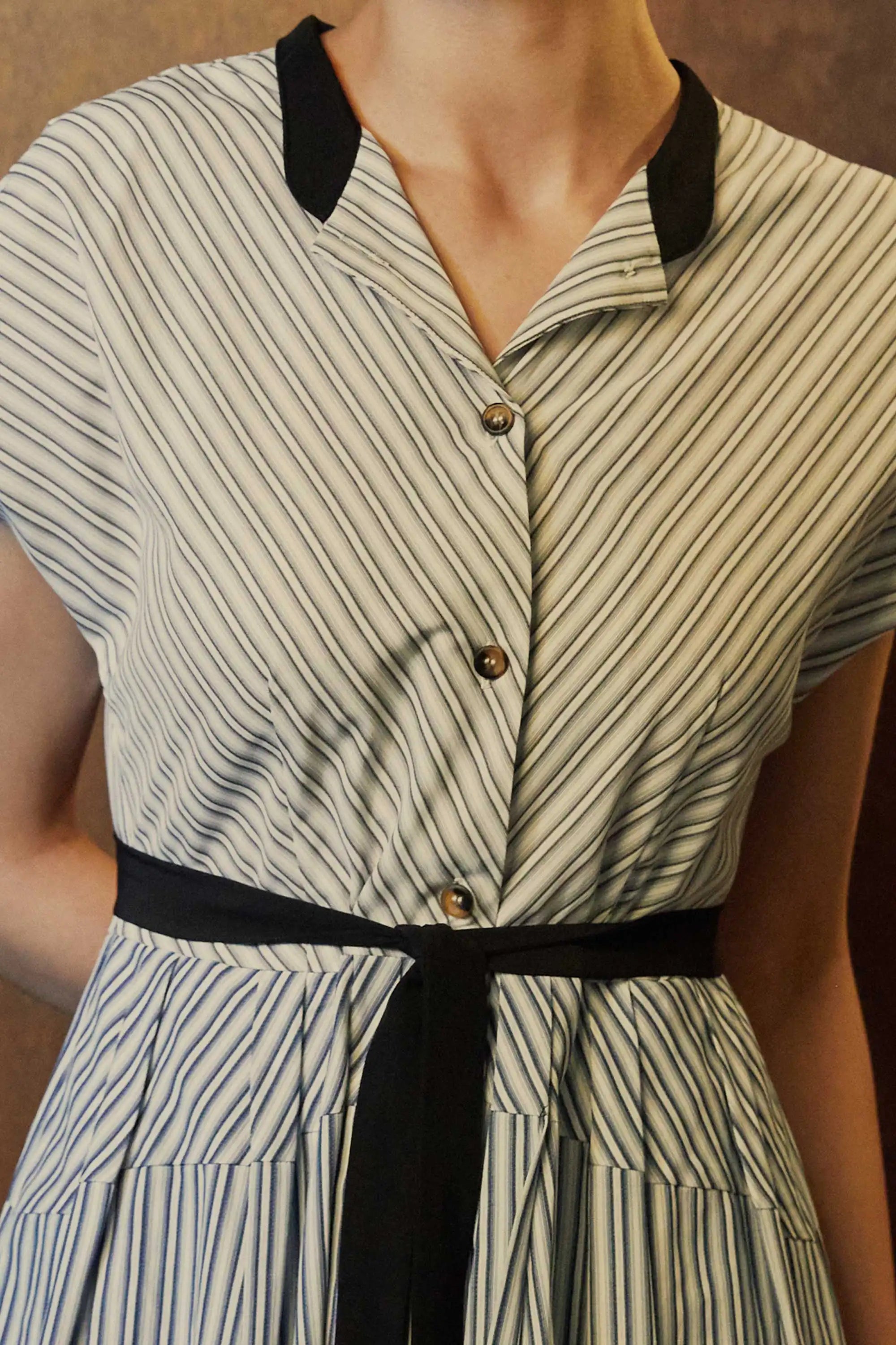 Chinese Collar Fit & Flare Maxi Dress (Grey Blue Stripes)