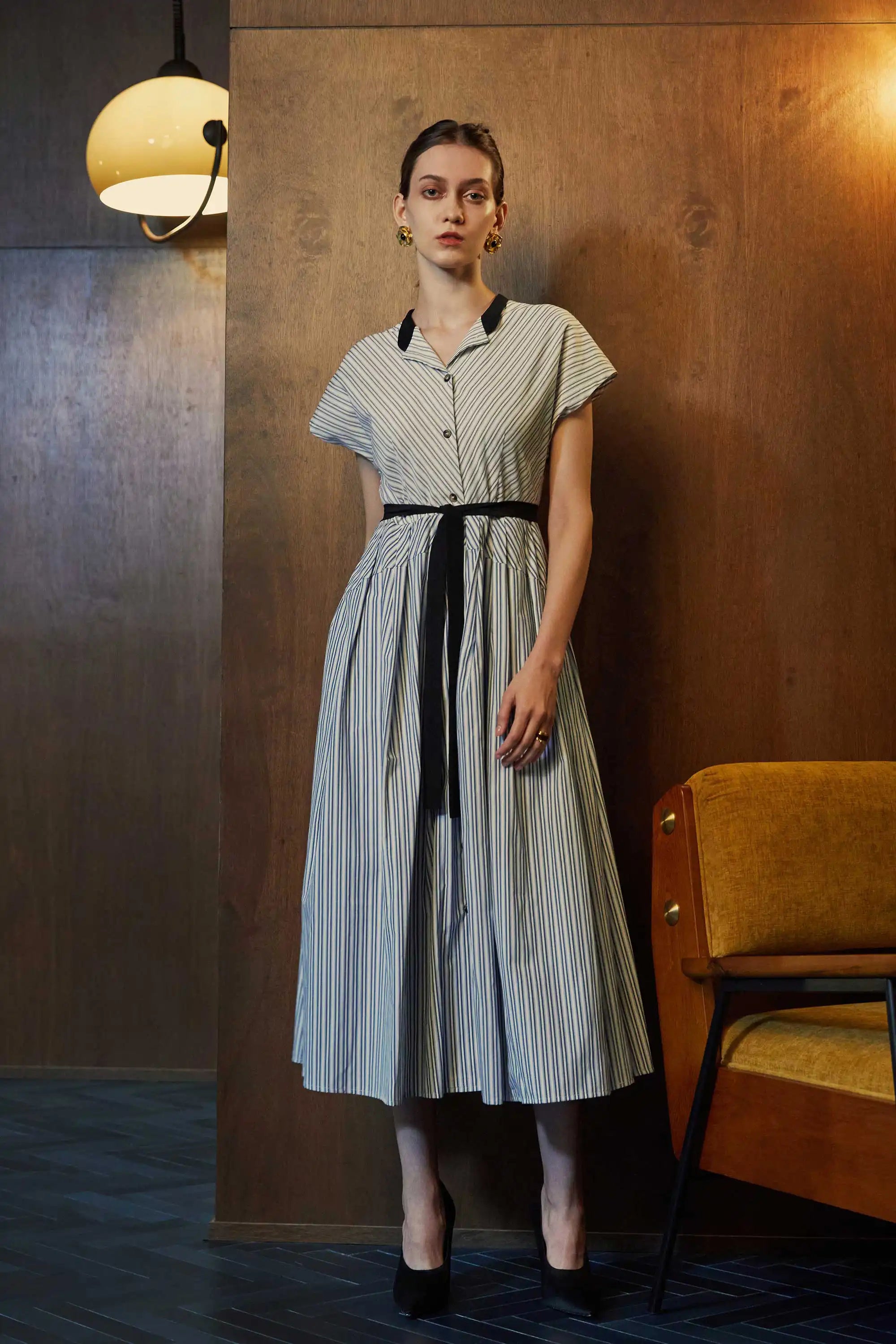 Chinese Collar Fit & Flare Maxi Dress (Grey Blue Stripes) XS