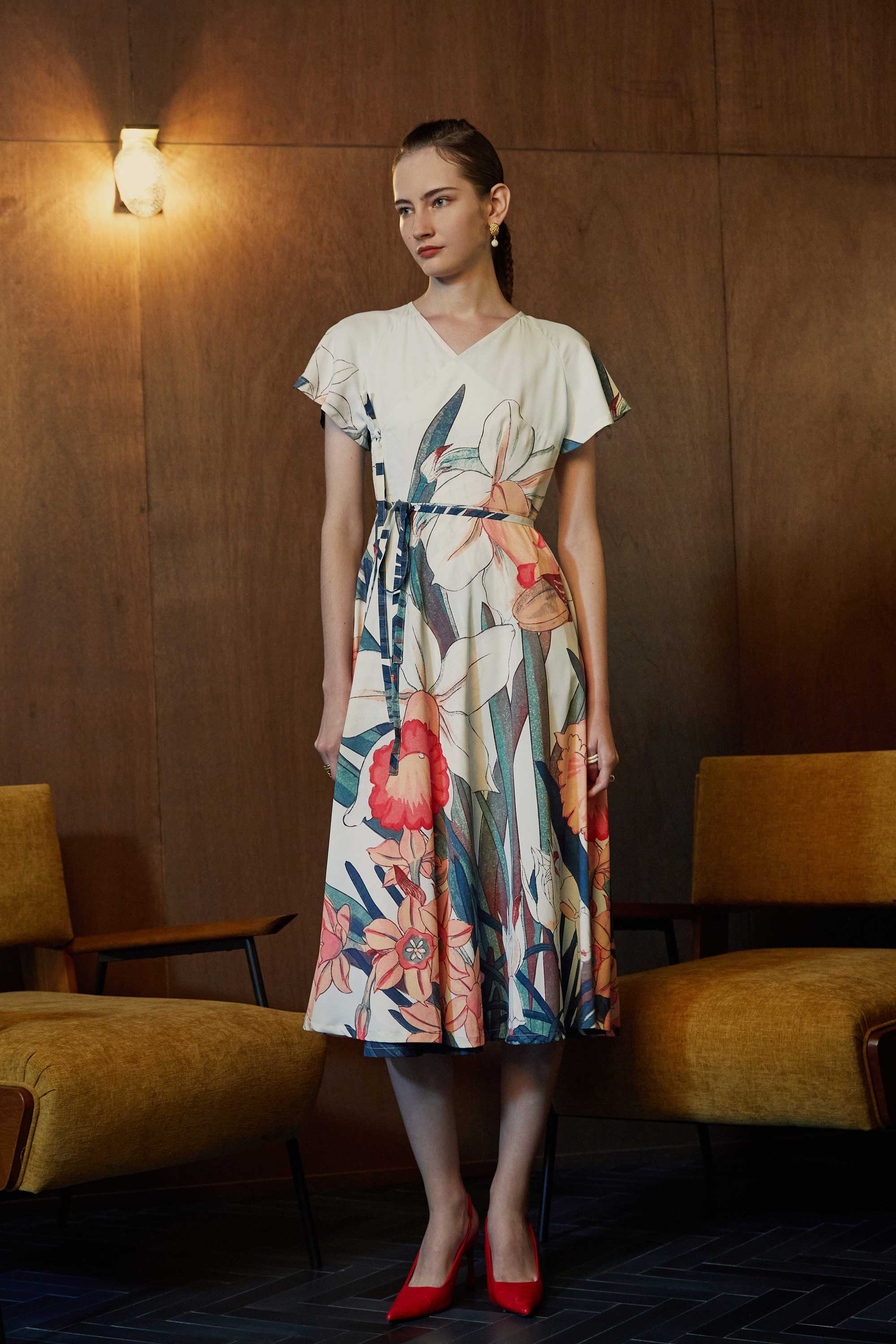 Flutter Sleeves Wrap Midi Dress (Daffodil)