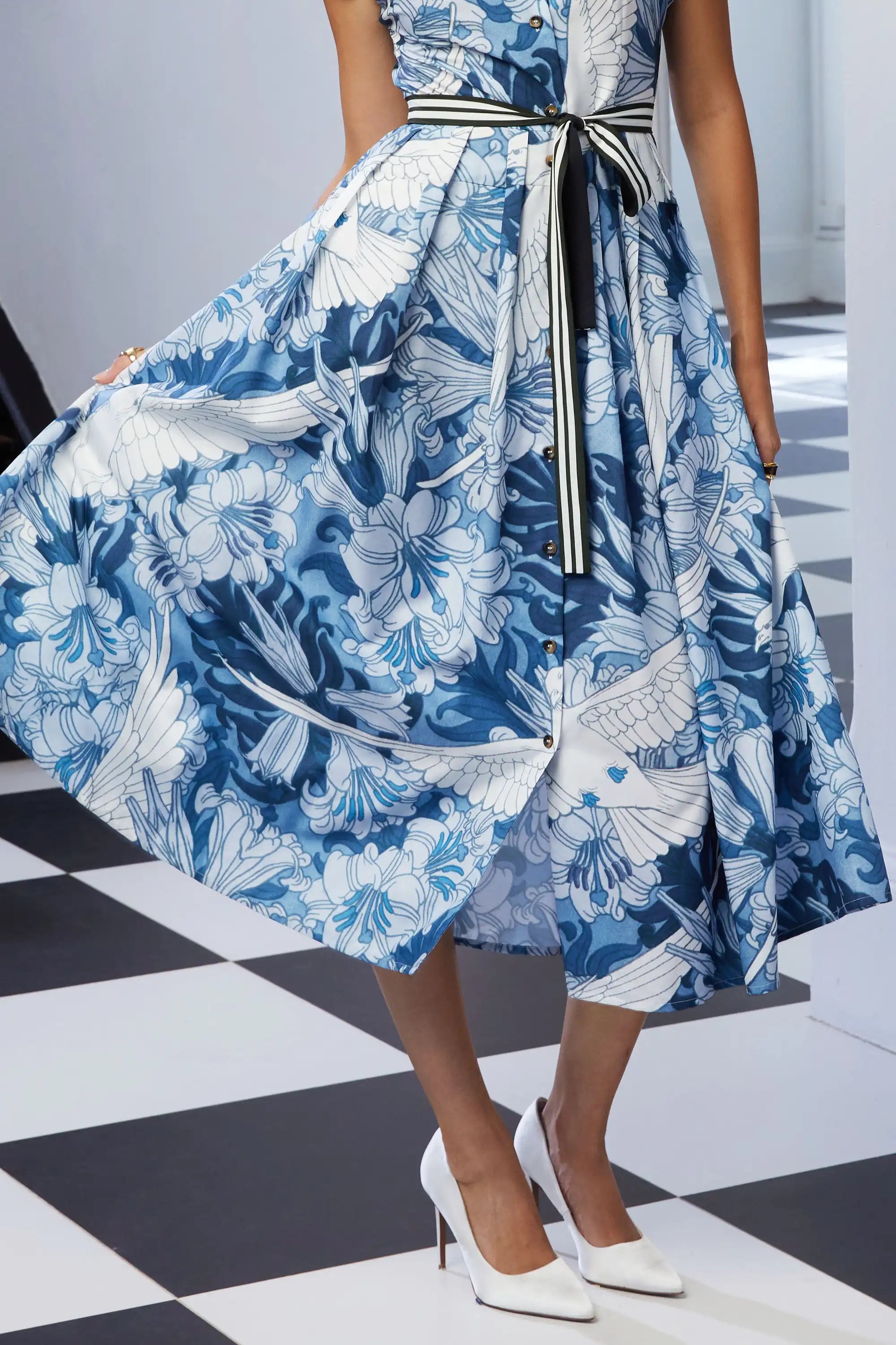 Chinese Collar Fit & Flare Dress (Dove)