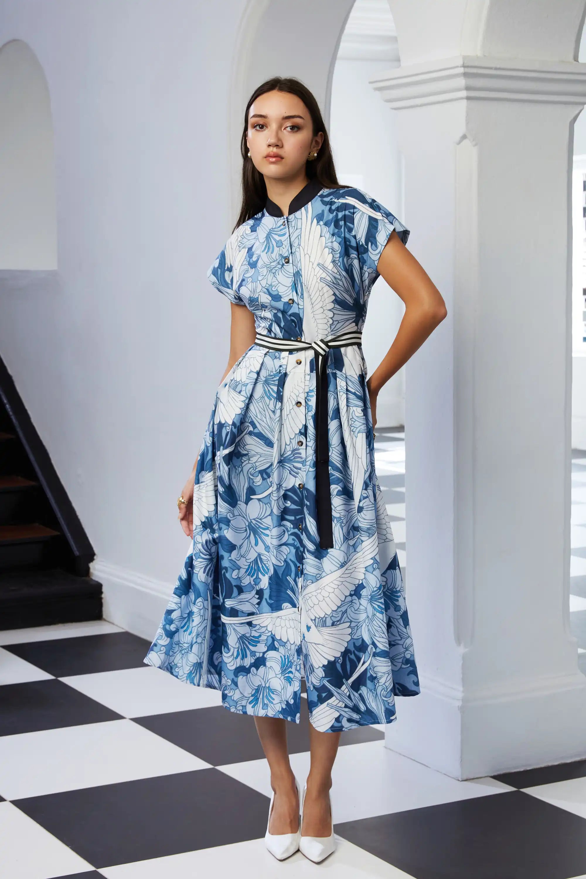 Chinese Collar Fit & Flare Dress (Dove)