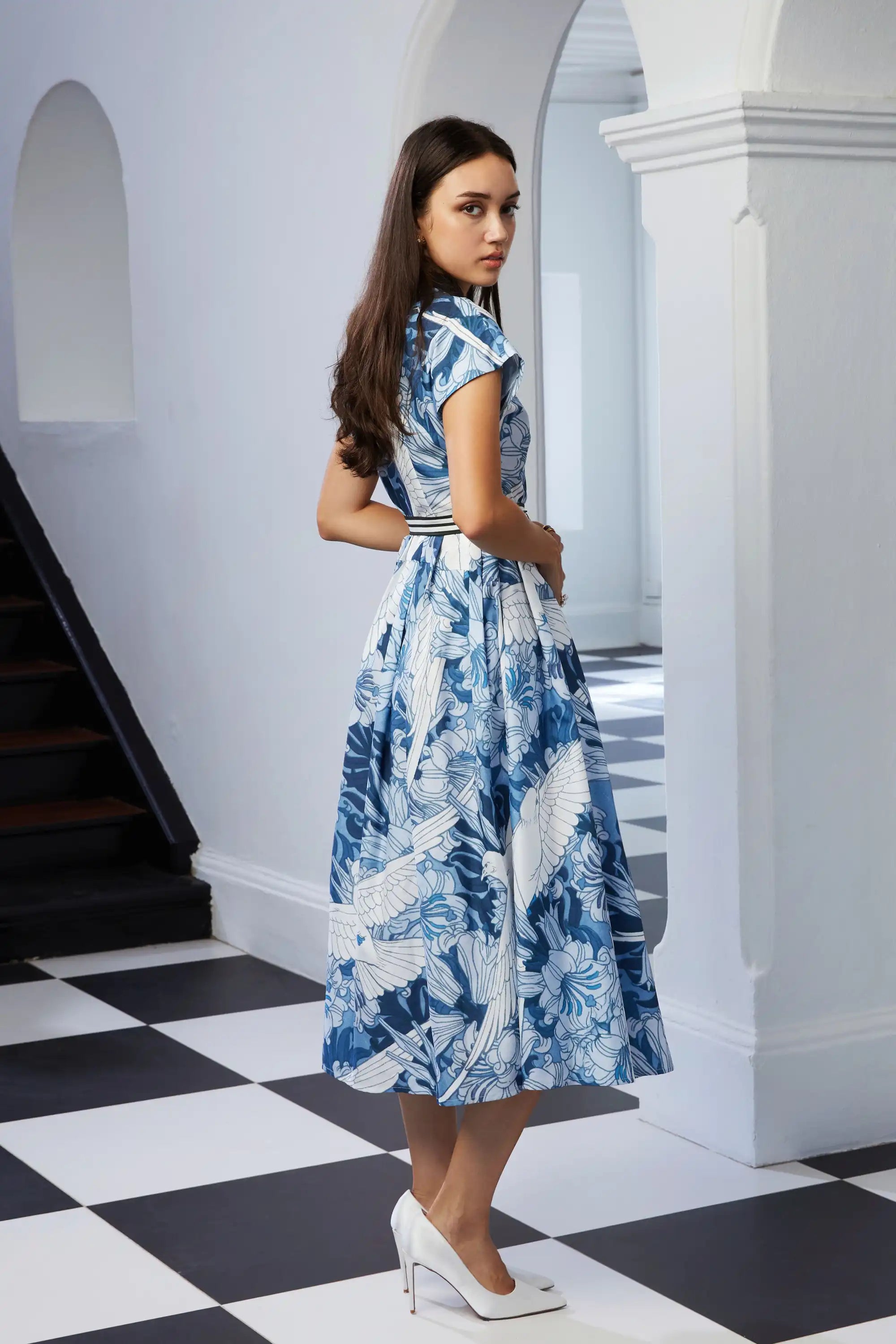 Chinese Collar Fit & Flare Dress (Dove)