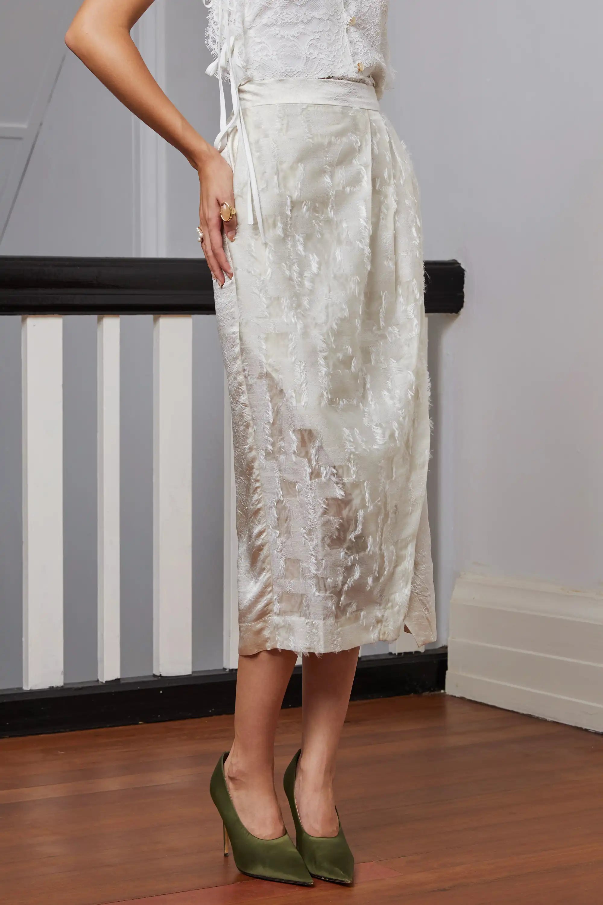 Faux Wrap Pencil Skirt (White)