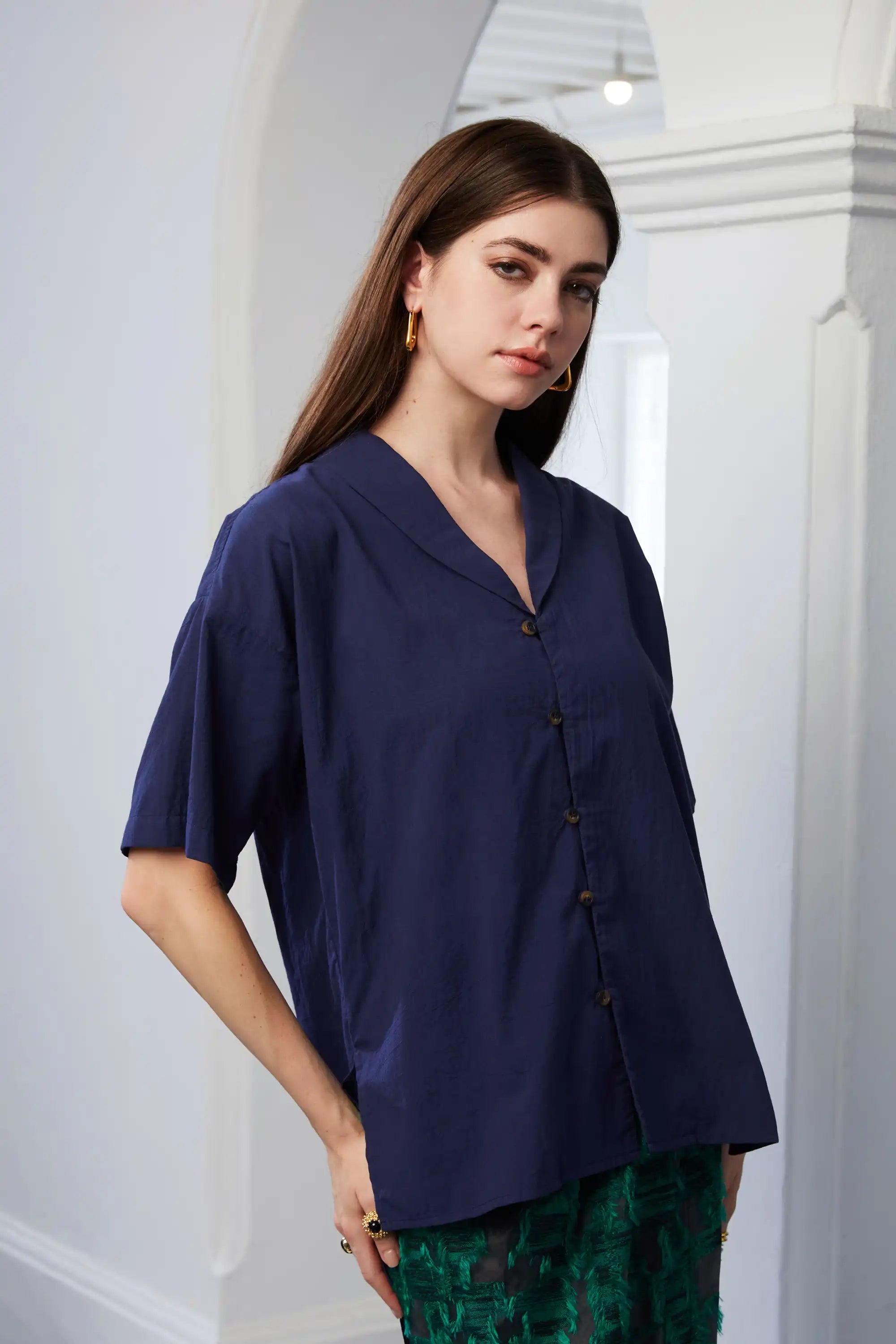 Shawl Collar Shirt (Navy)