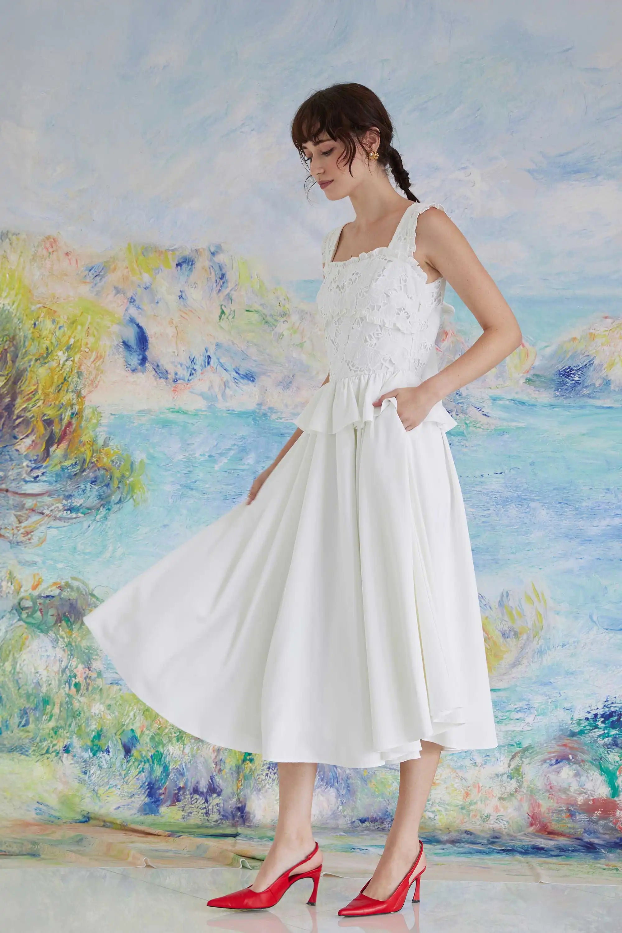 Layered Peplum Tea Dress (White)