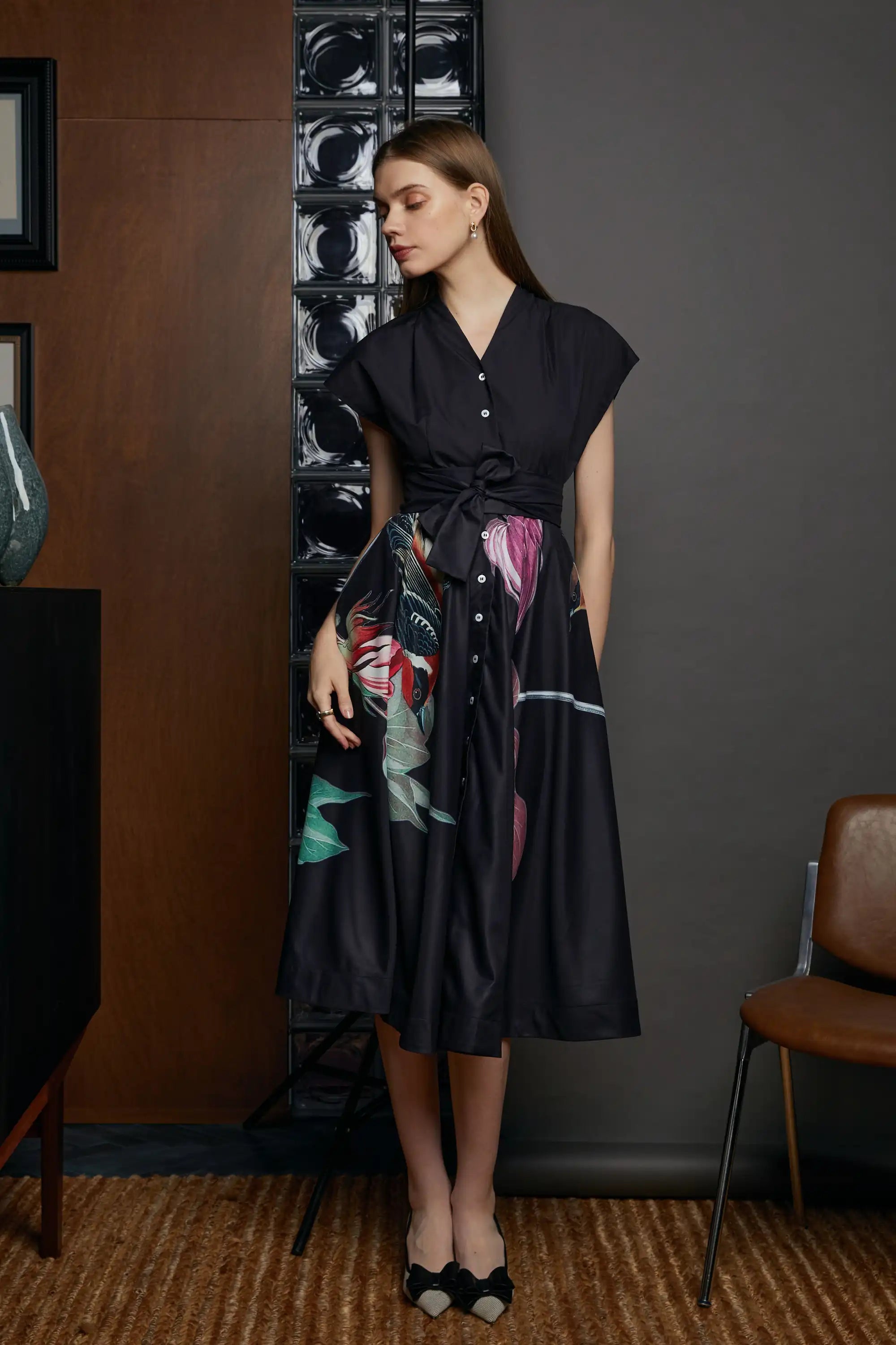 slim fit dress slacks Blended Collar Fit & Flare Dress (Bay-Breasted Warbler) S (IMPERFECT)