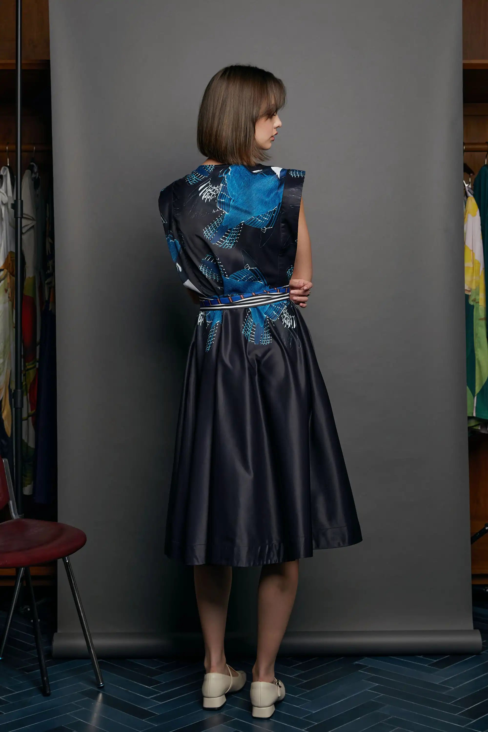 Square Sleeves Fold Dress (Belted Kingfisher)