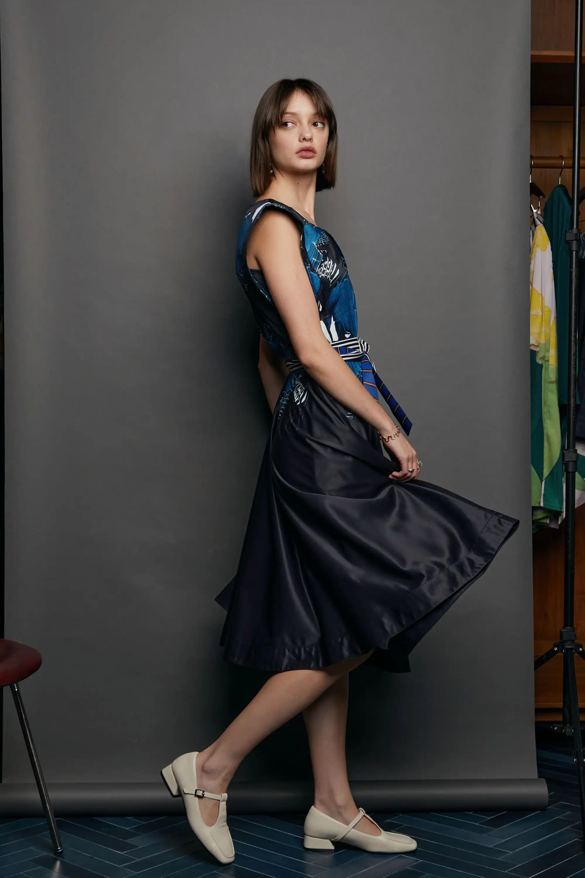 Square Sleeves Fold Dress (Belted Kingfisher)