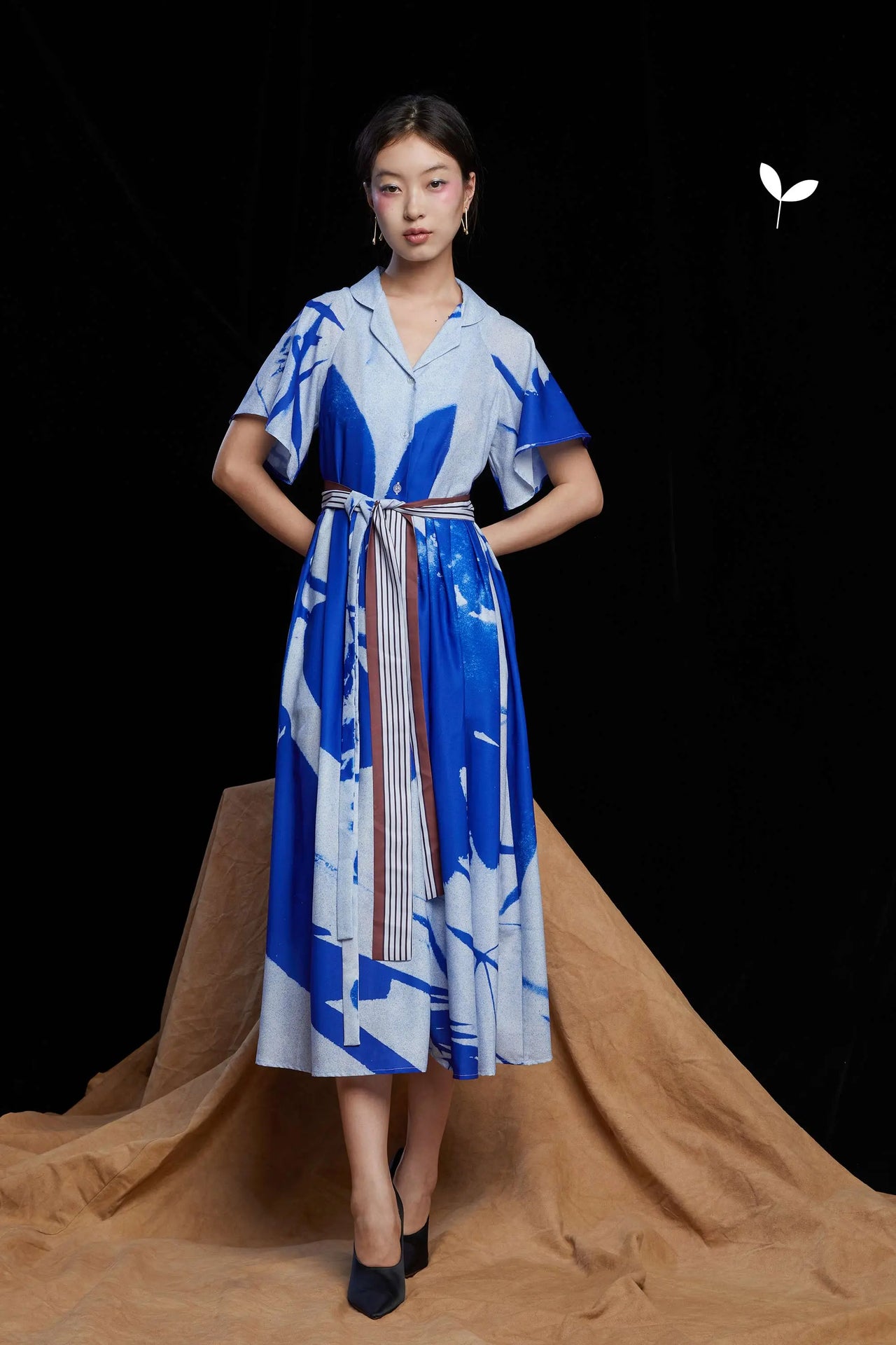 Flutter Sleeve Fit & Flare Midi Dress (Klein Blue Cyanotype)