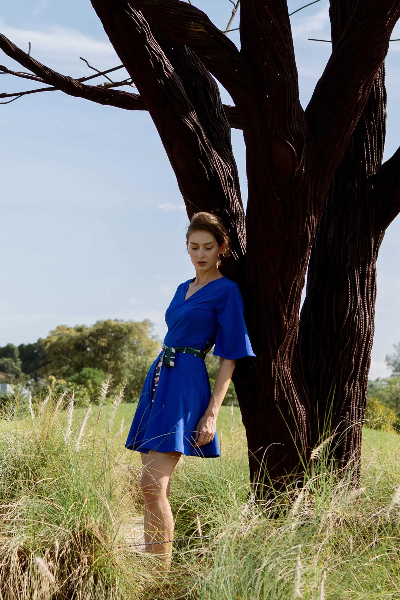 Wrap Short Dress with Contrast Sash (Blue)