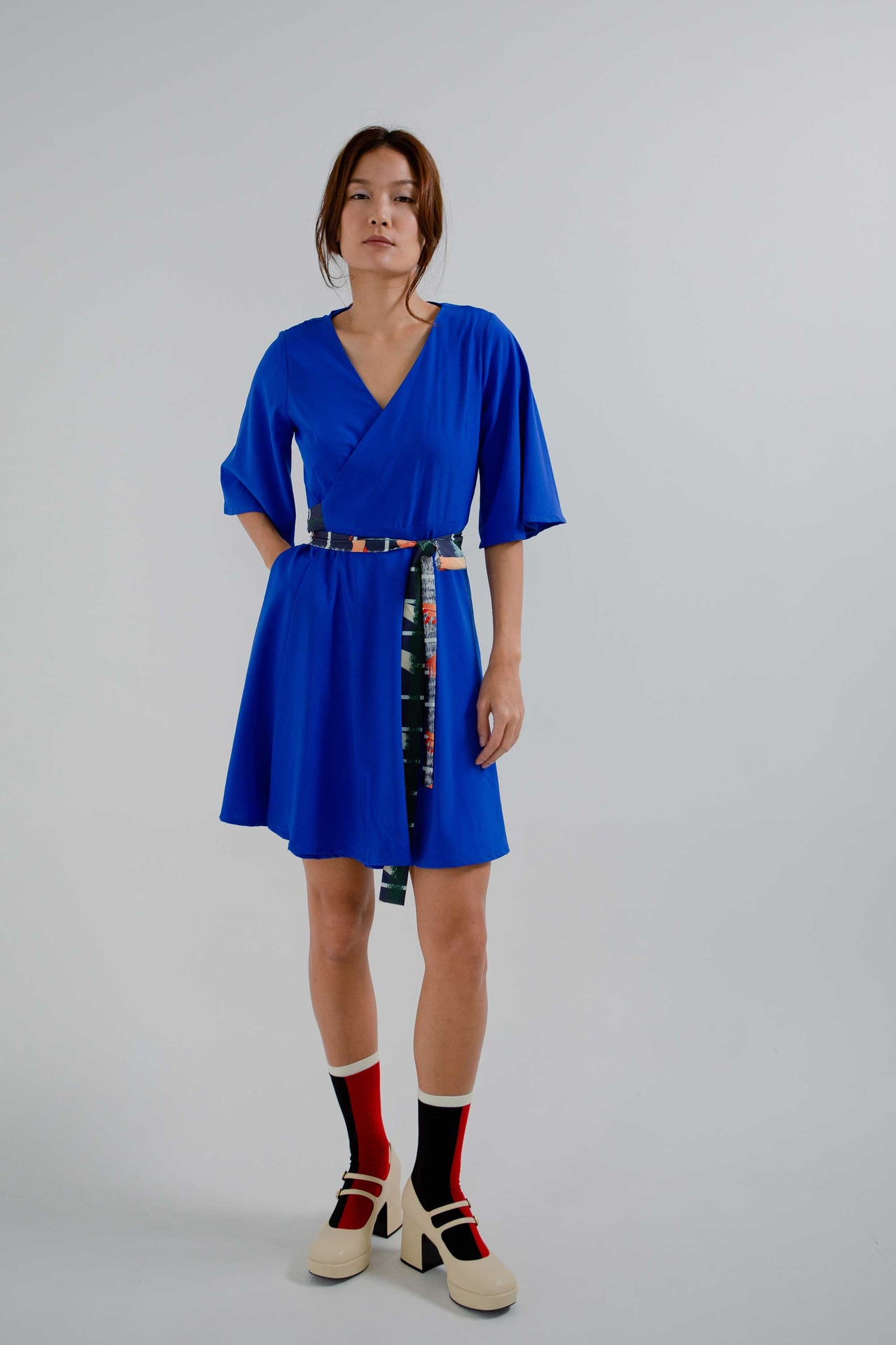 Wrap Short Dress with Contrast Sash (Blue)