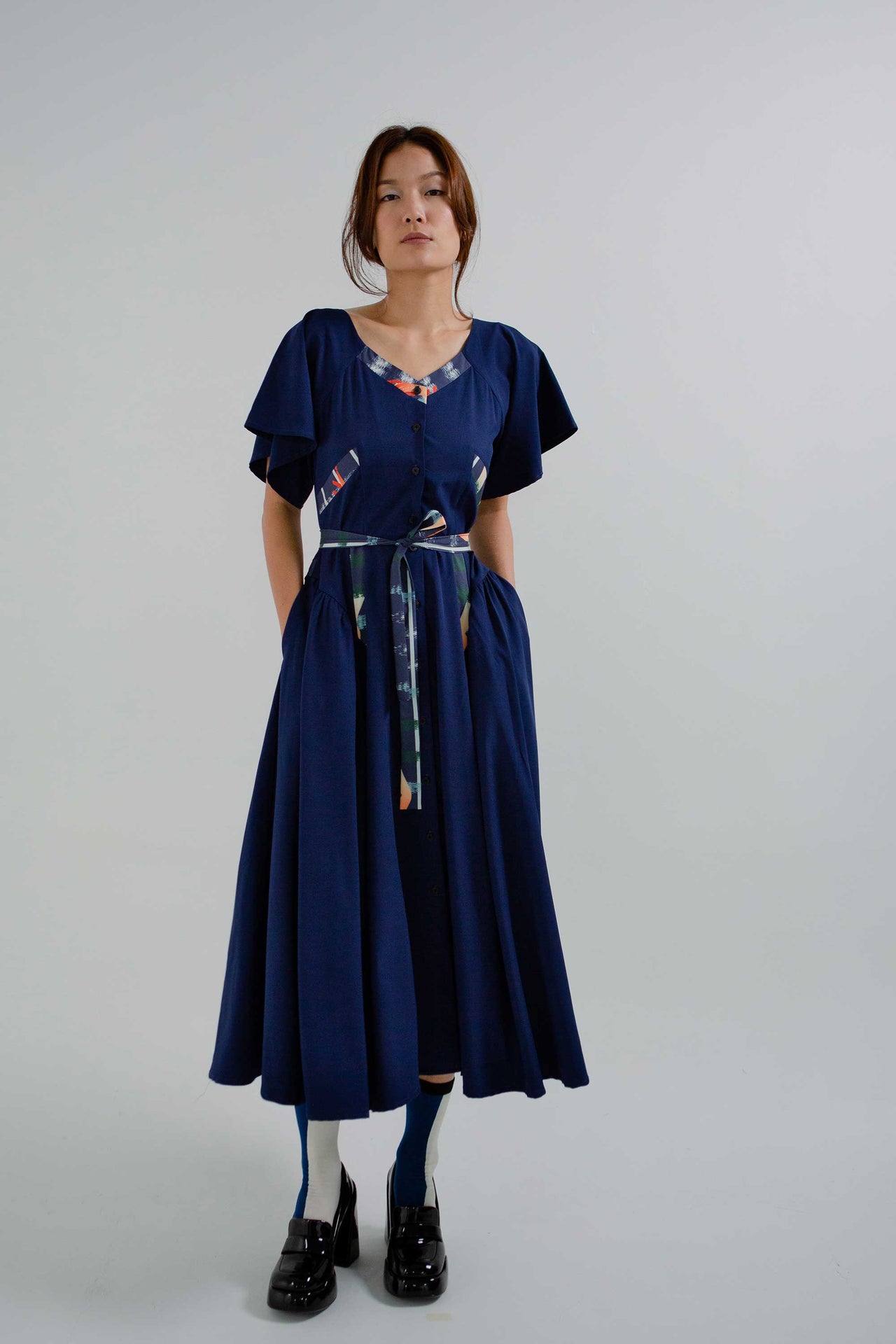 Flutter Sleeve Fit & Flare Maxi with Contrast Panel (Navy)
