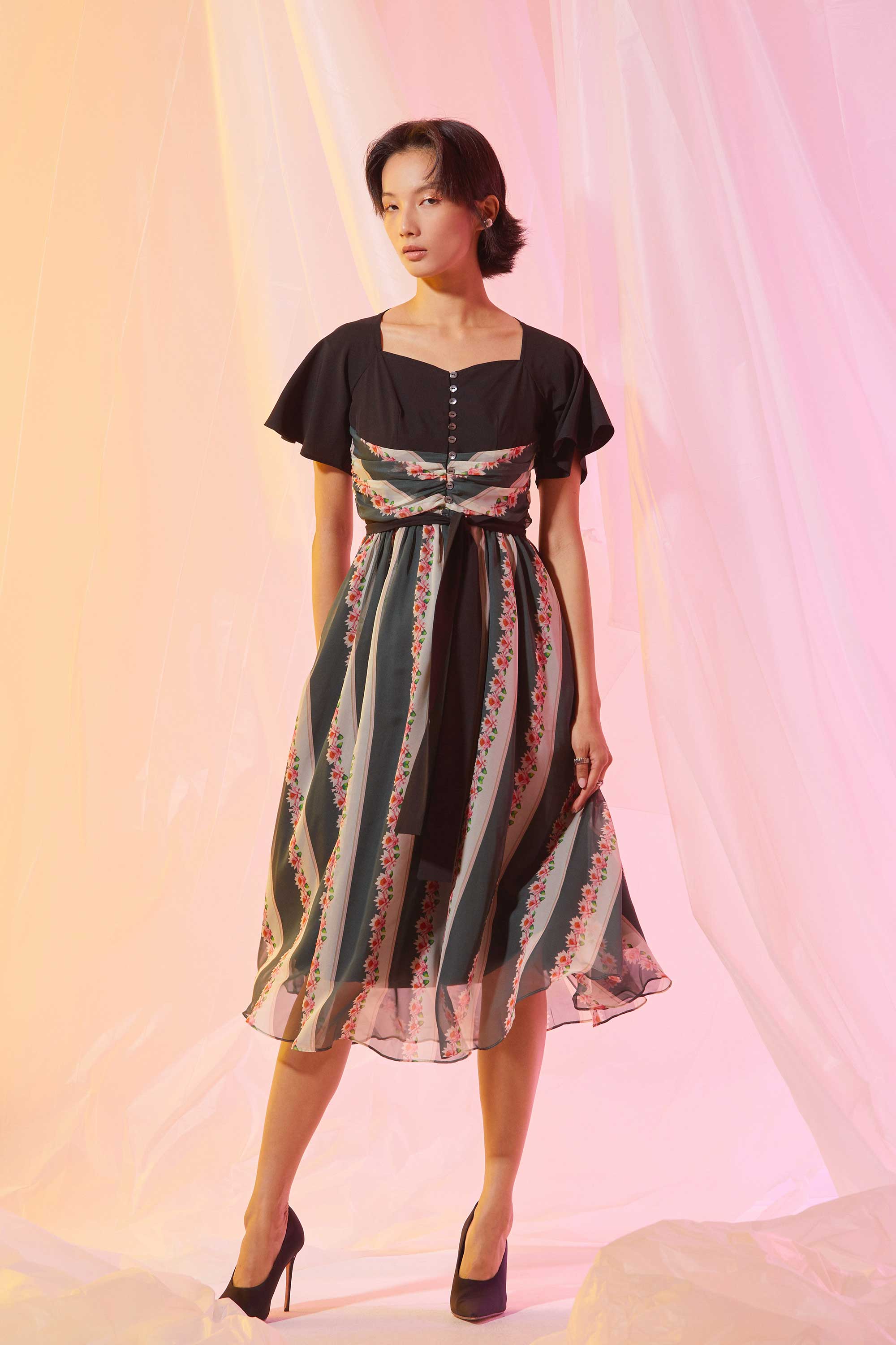 Interlace Flutter Sleeves Fit & Flare Dress (Eclipse) S