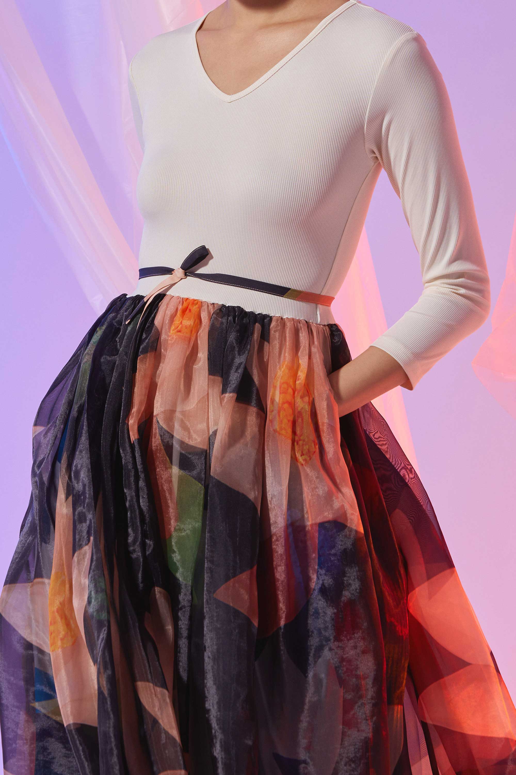 Ribbed ¾ Sleeves Drawstring Swing Dress (Glimmer)