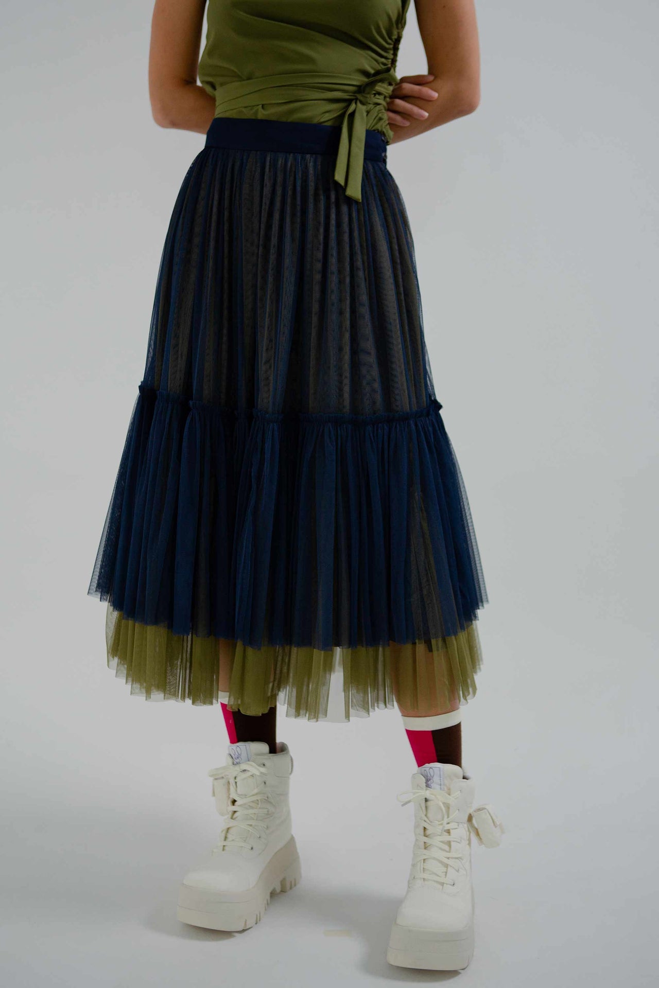 Two Tone Tulle Midi Skirt (Navy & Olive)