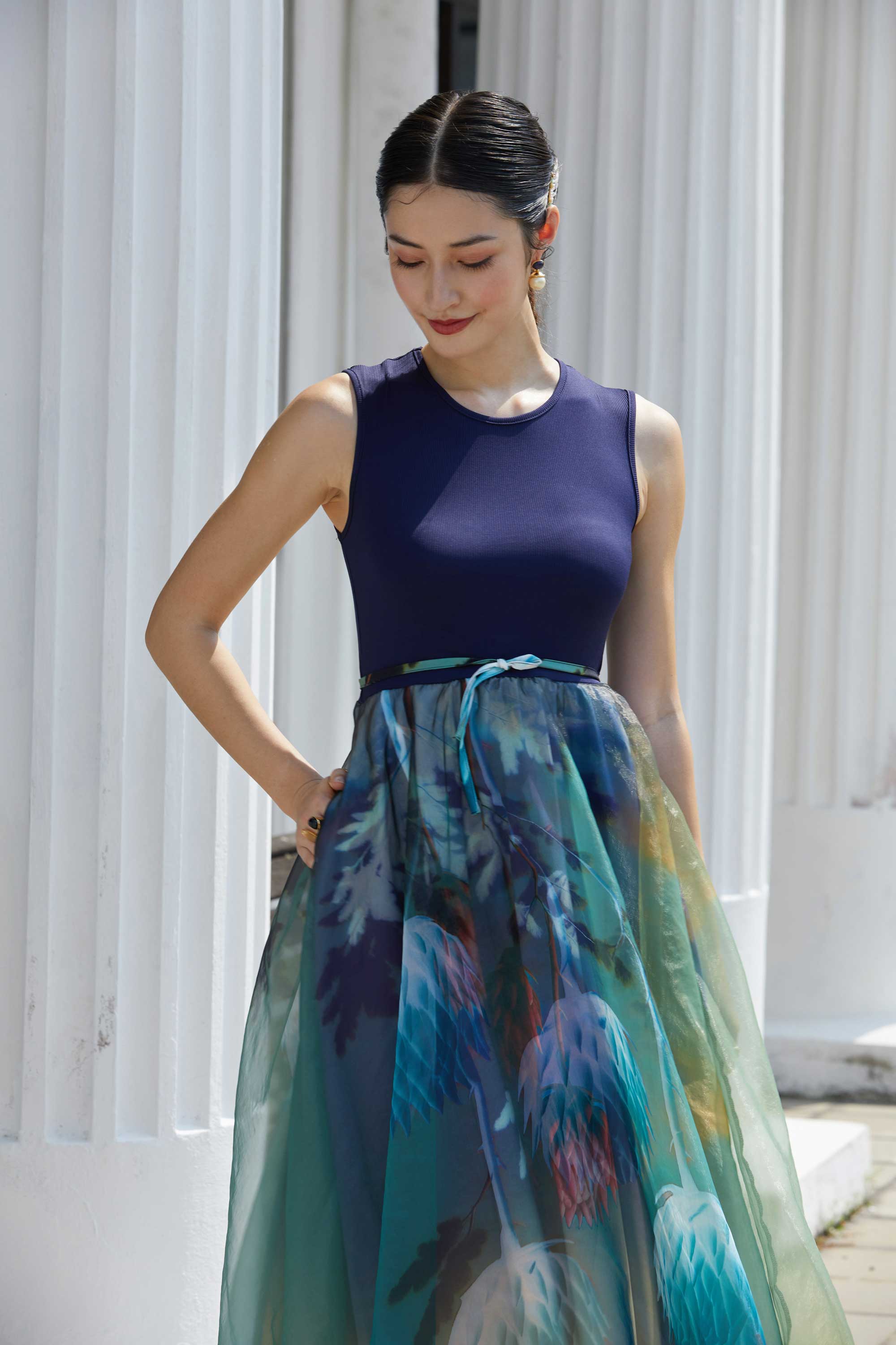 Ribbed Sleeveless Drawstring Swing Dress (Celestial)