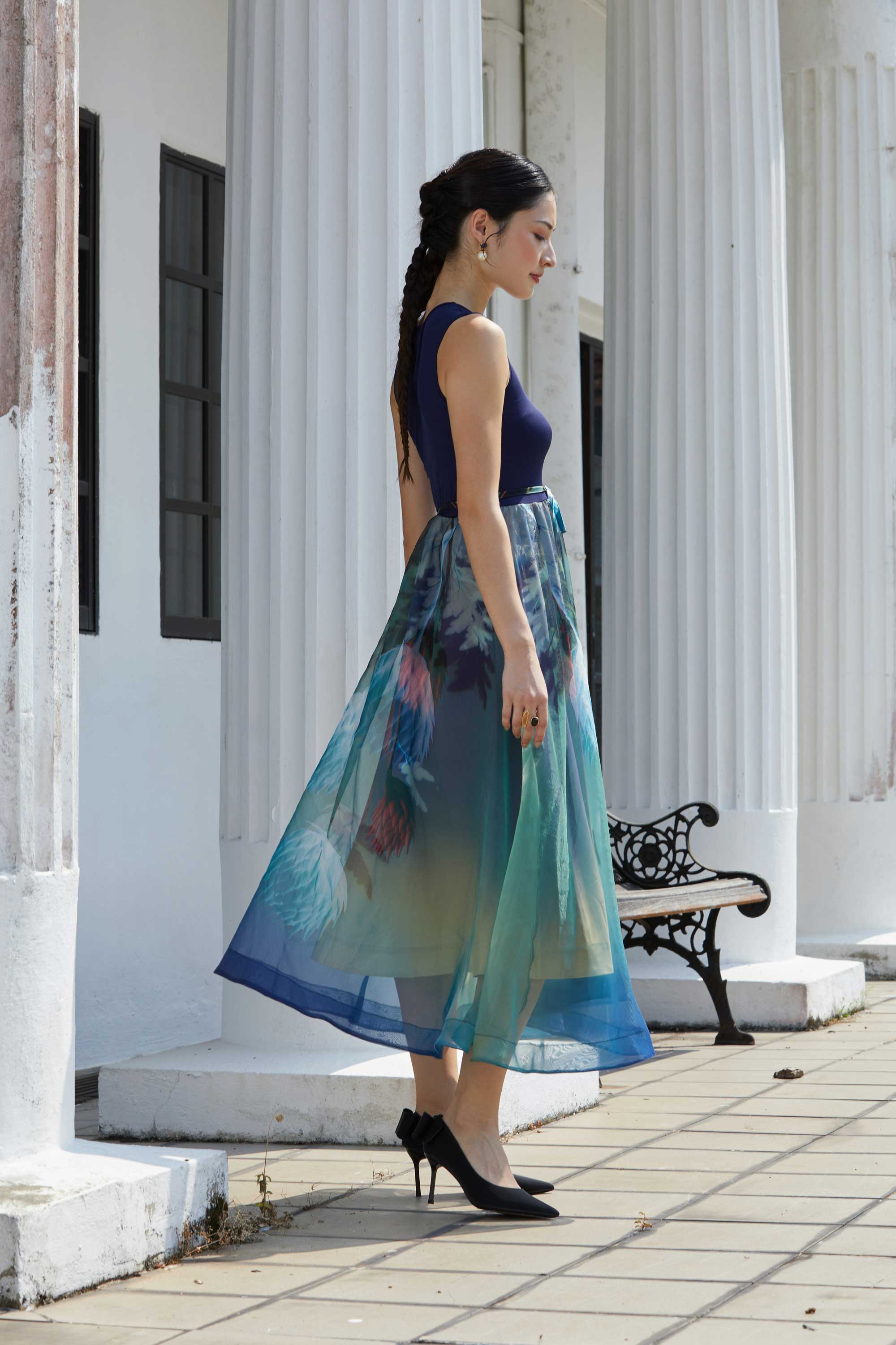 Ribbed Sleeveless Drawstring Swing Dress (Celestial)